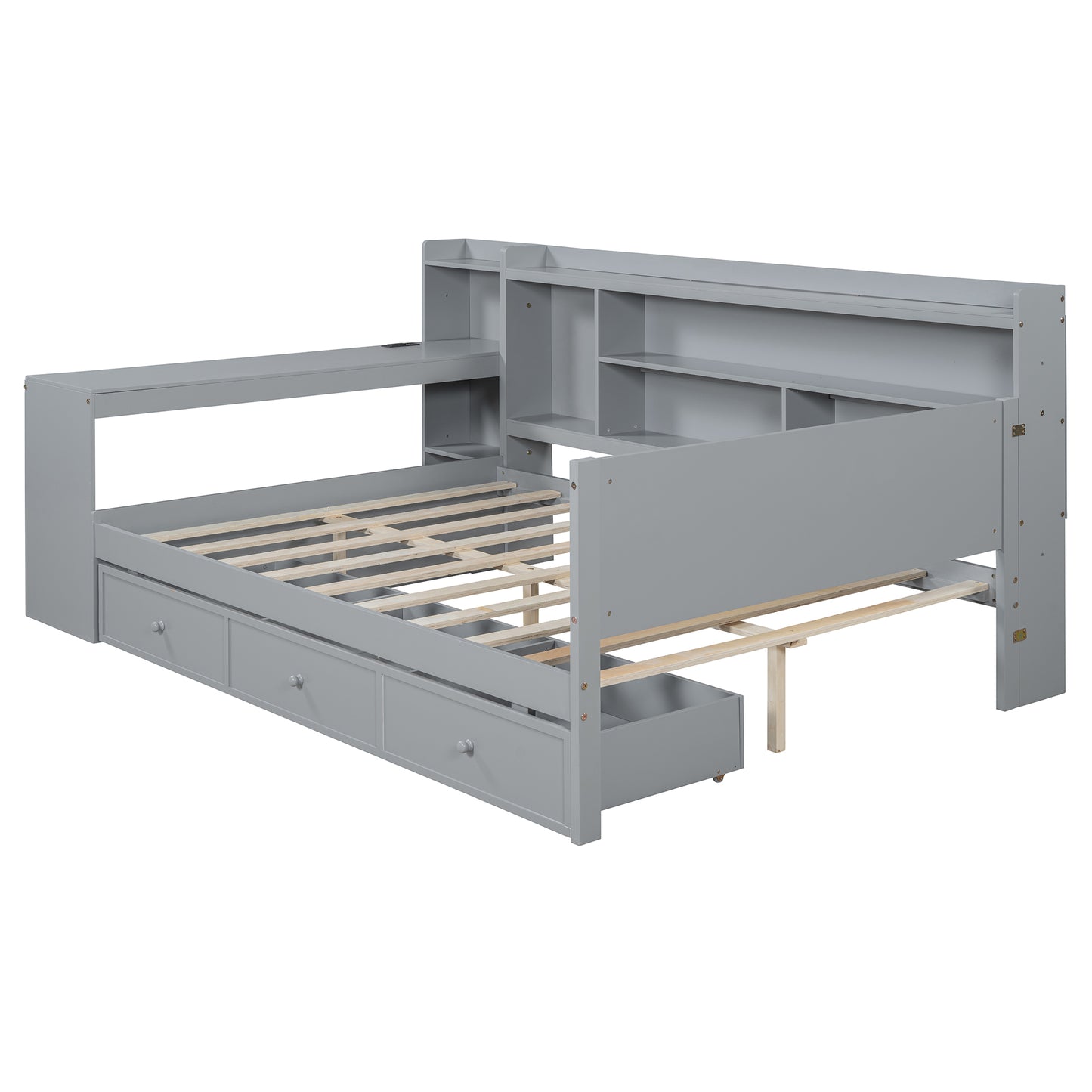 Gray daybed with trundle and integrated shelving