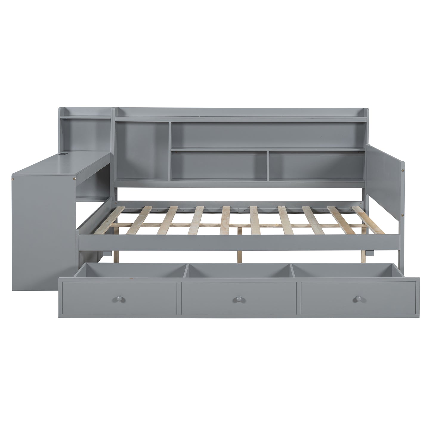 Gray daybed with drawers and bookshelf