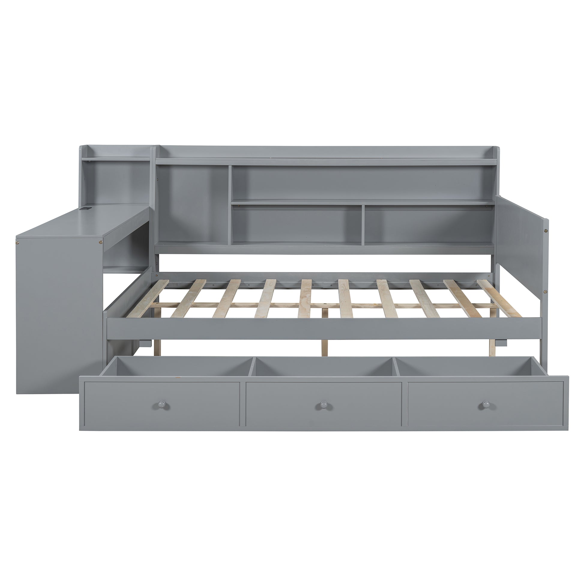 Gray daybed with drawers and bookshelf