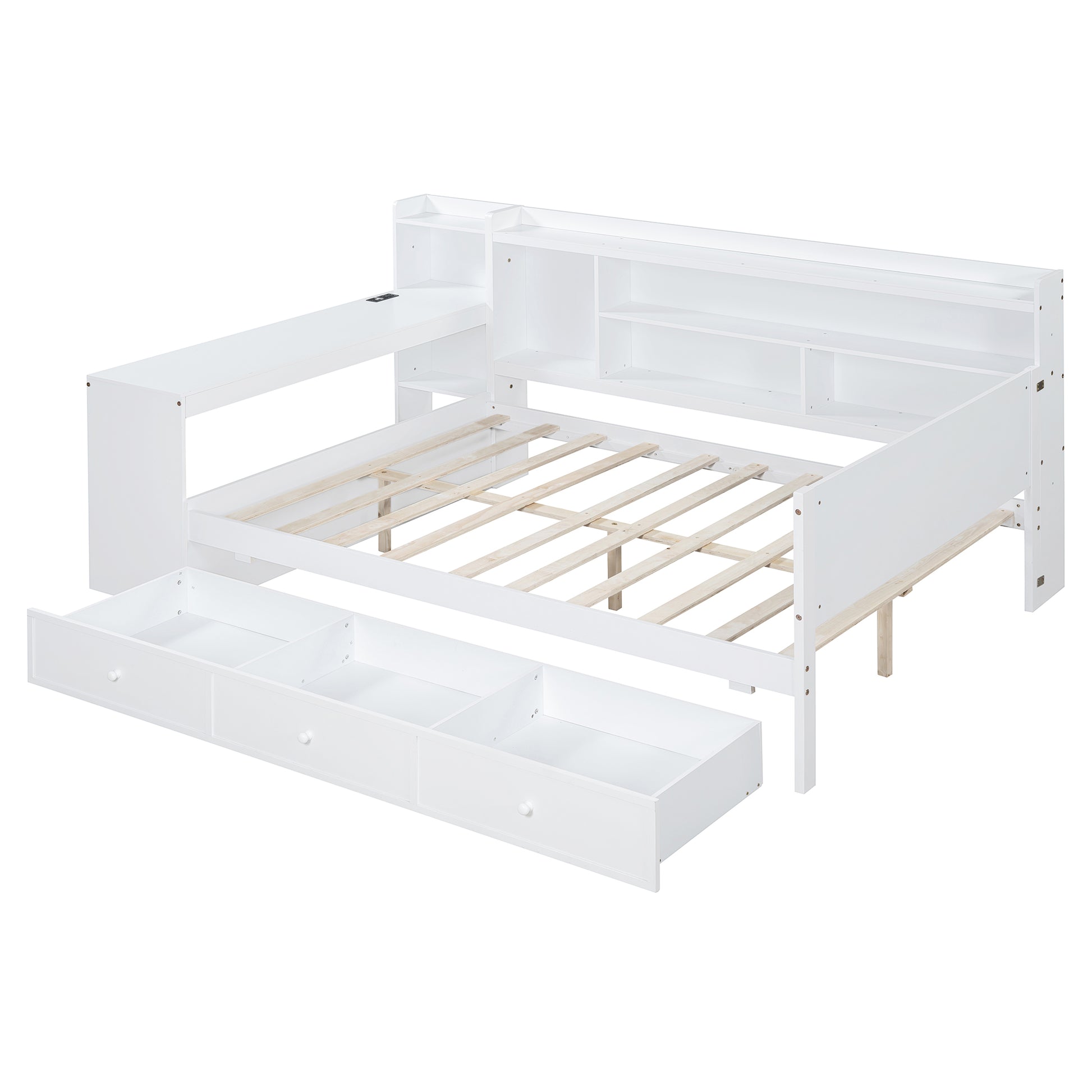 White daybed with builtin desk and storage drawers