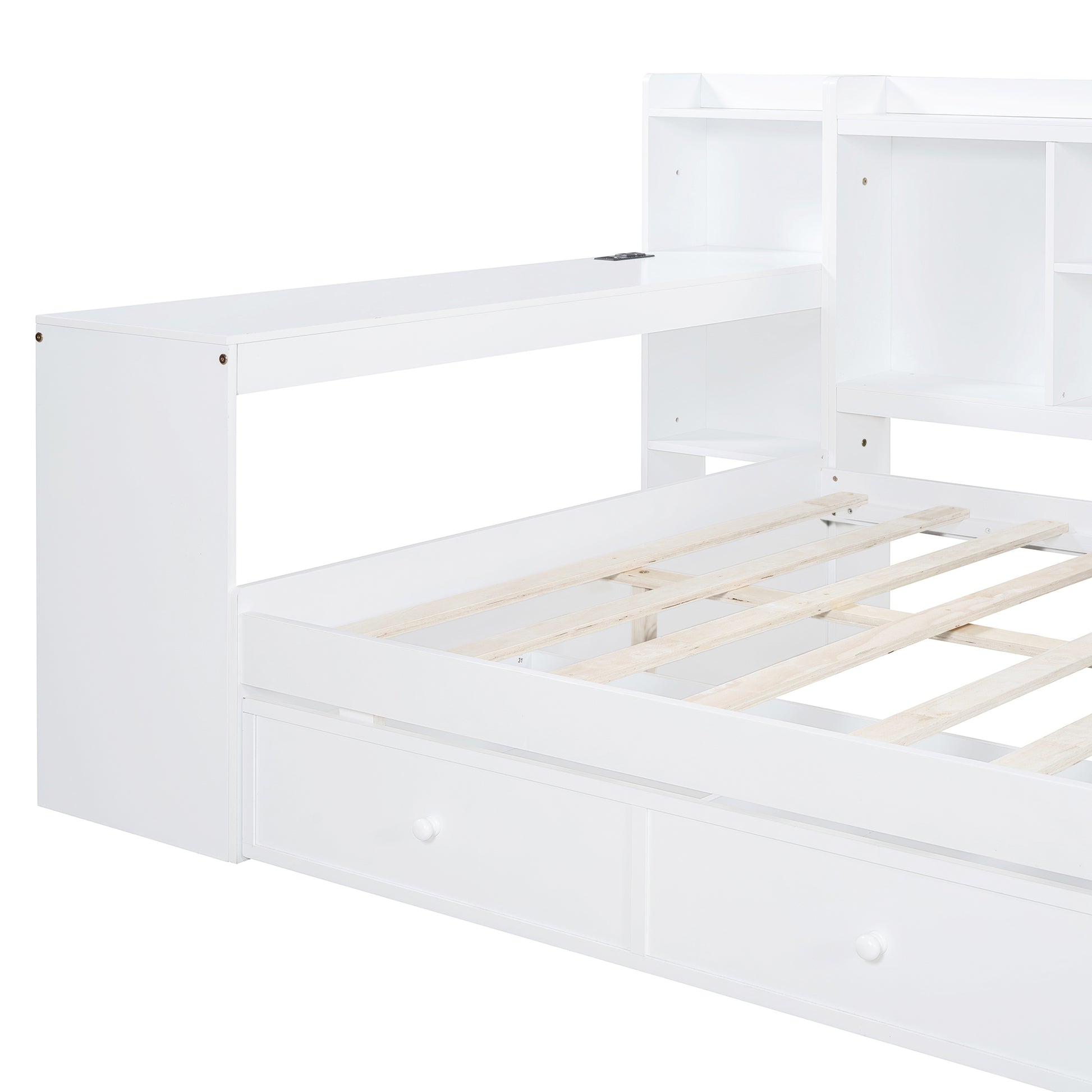 White twin bed frame with integrated desk and storage drawers