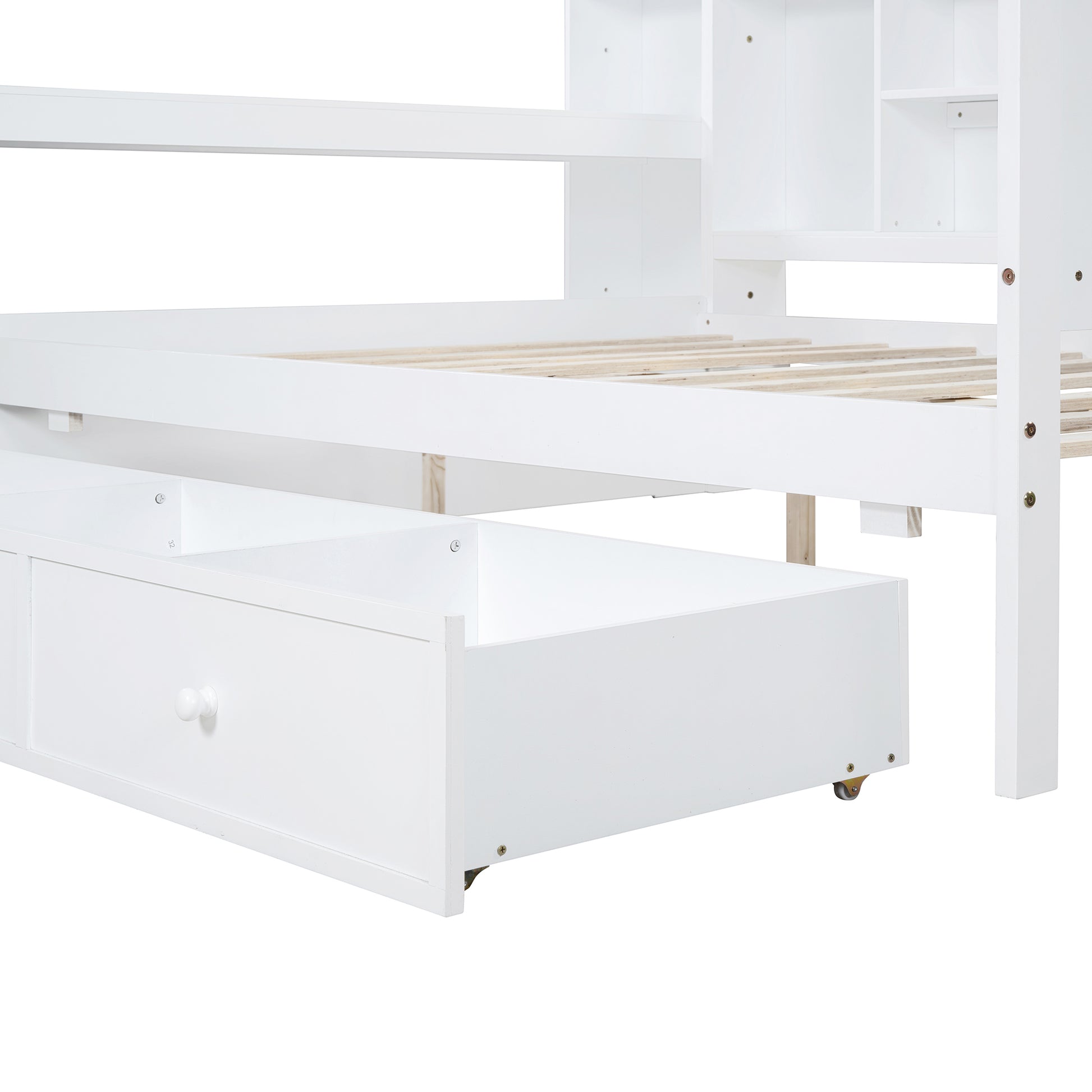White bunk bed frame with integrated storage drawer