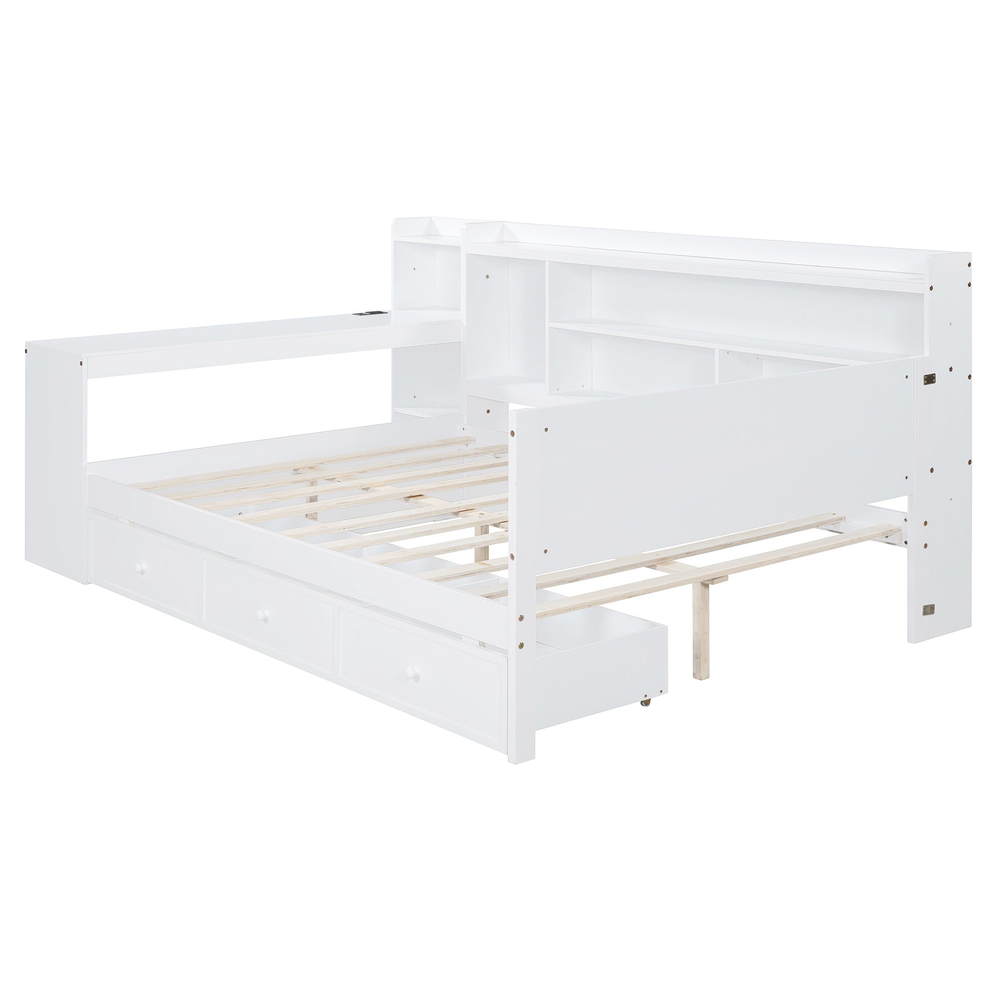 White daybed with storage drawers and shelves