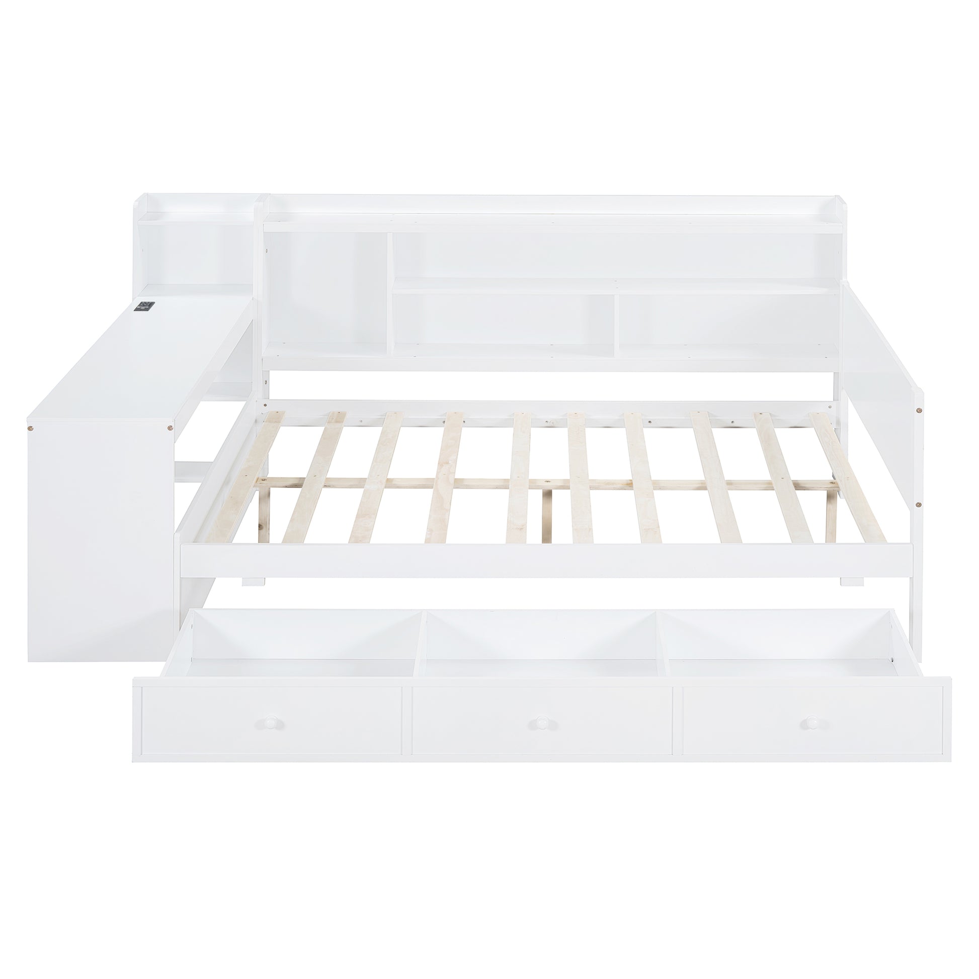 White wooden daybed with builtin shelves and three storage drawers below