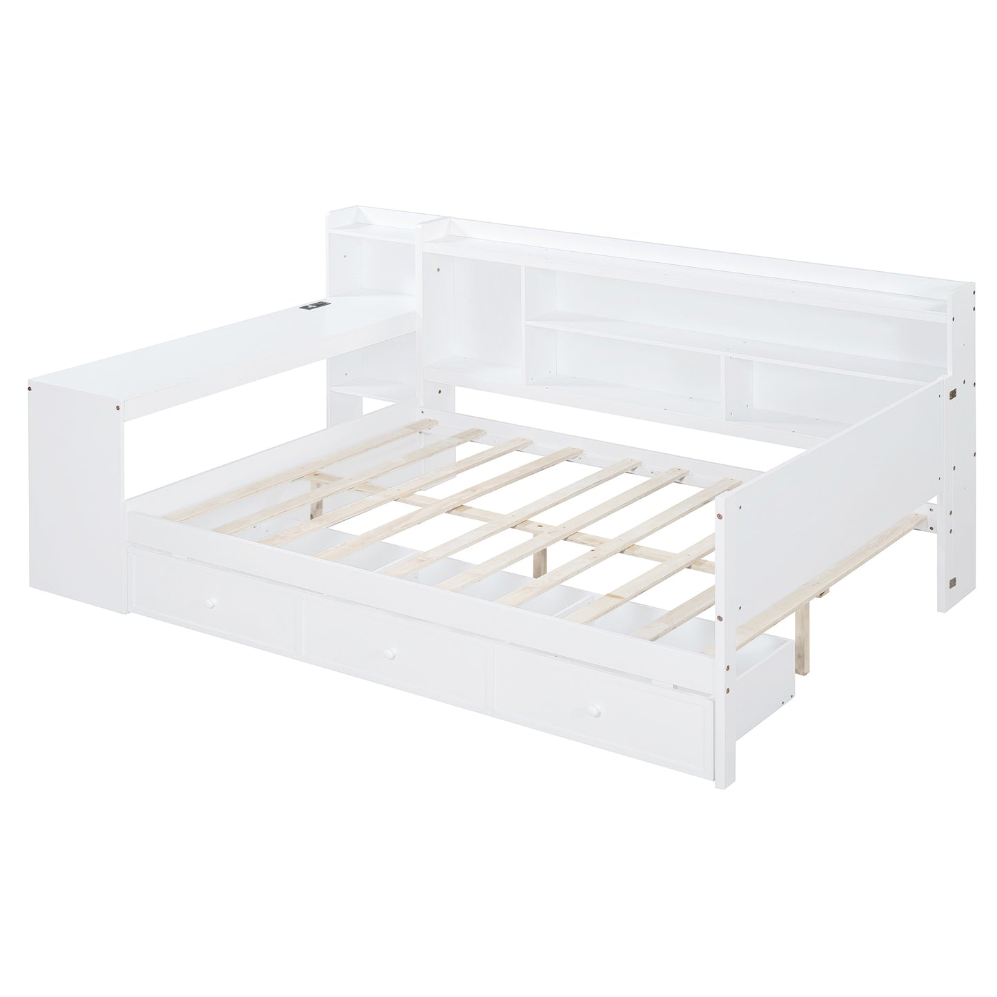 White wooden daybed with builtin desk and drawers for kids room