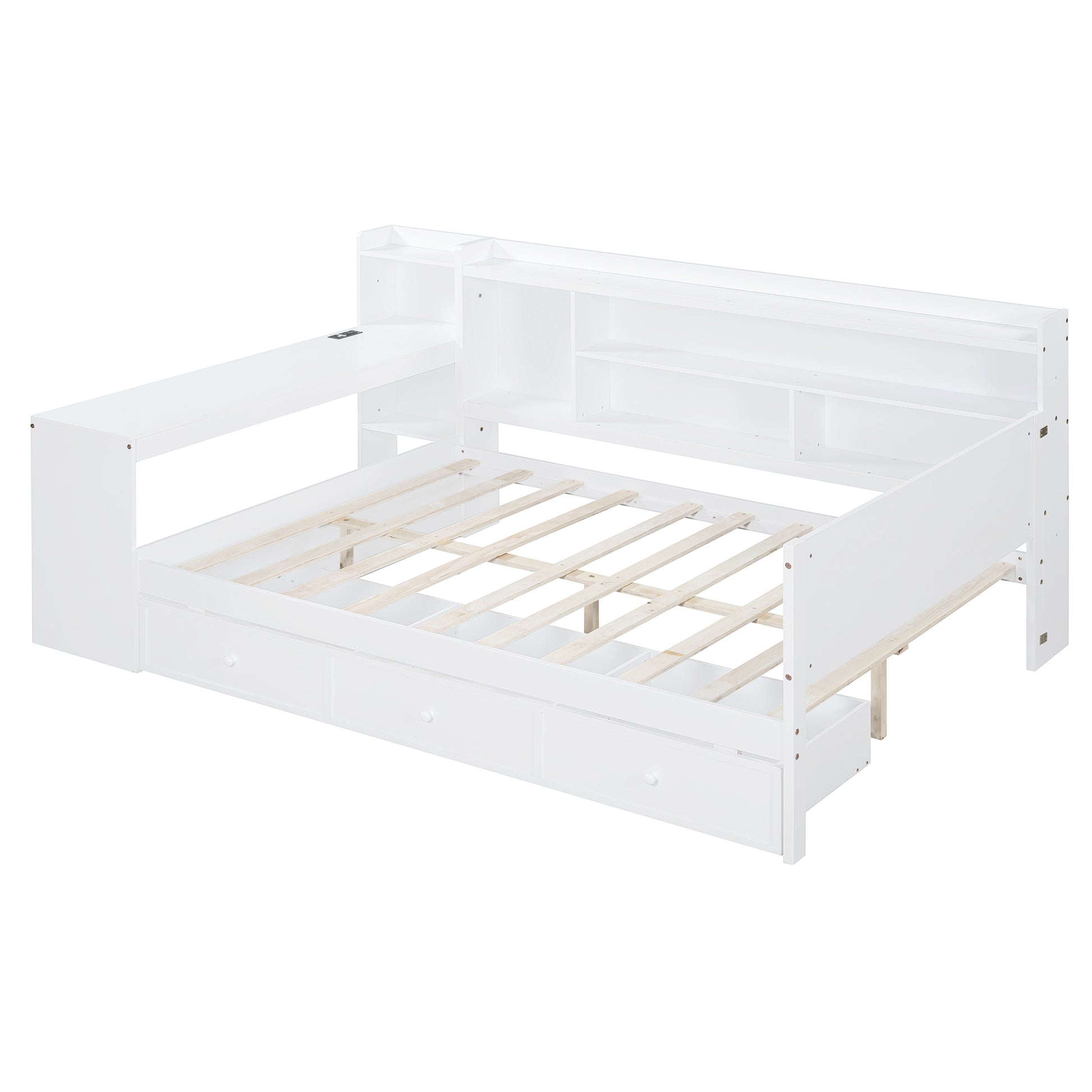 White wooden daybed with builtin desk and drawers for kids room
