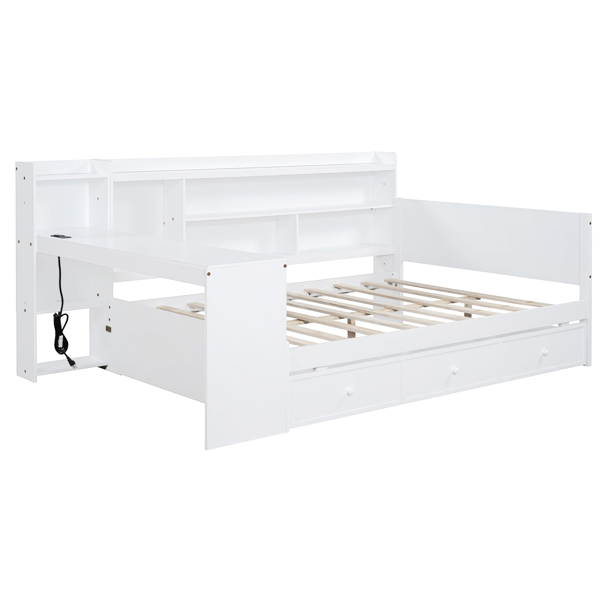 White wooden daybed with builtin shelving and three drawers