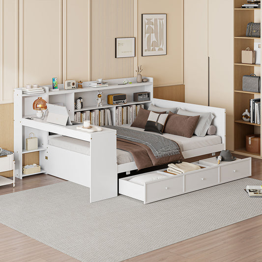 White daybed with bookshelf and storage drawers