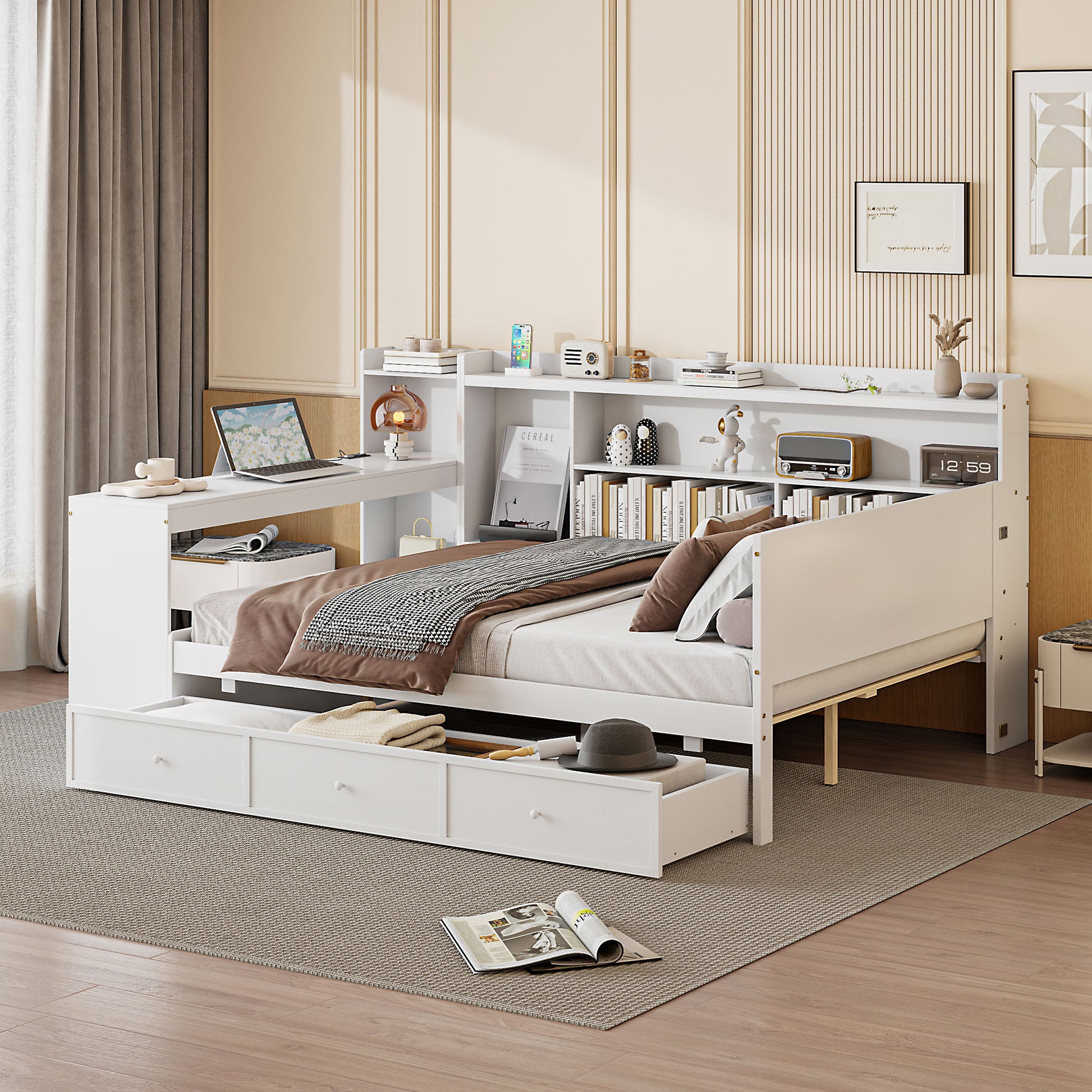 White daybed with integrated desk and storage drawers
