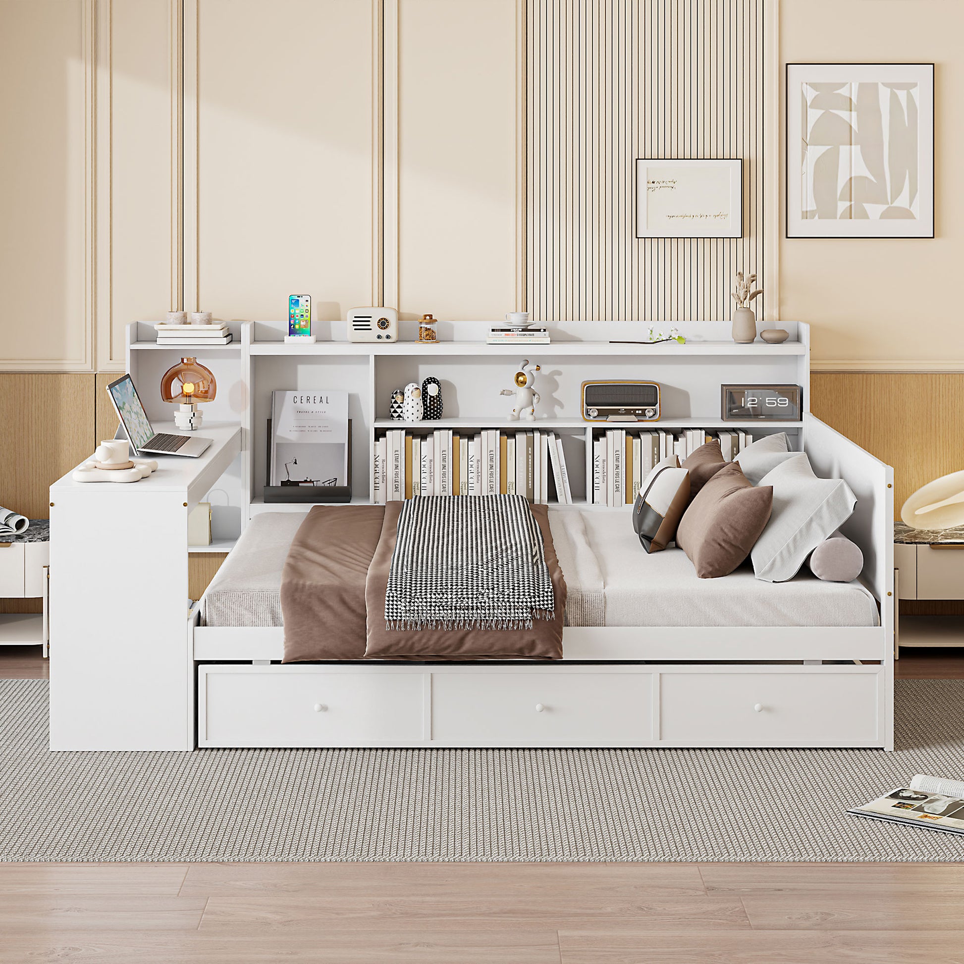 White bed with integrated desk and bookshelf unit