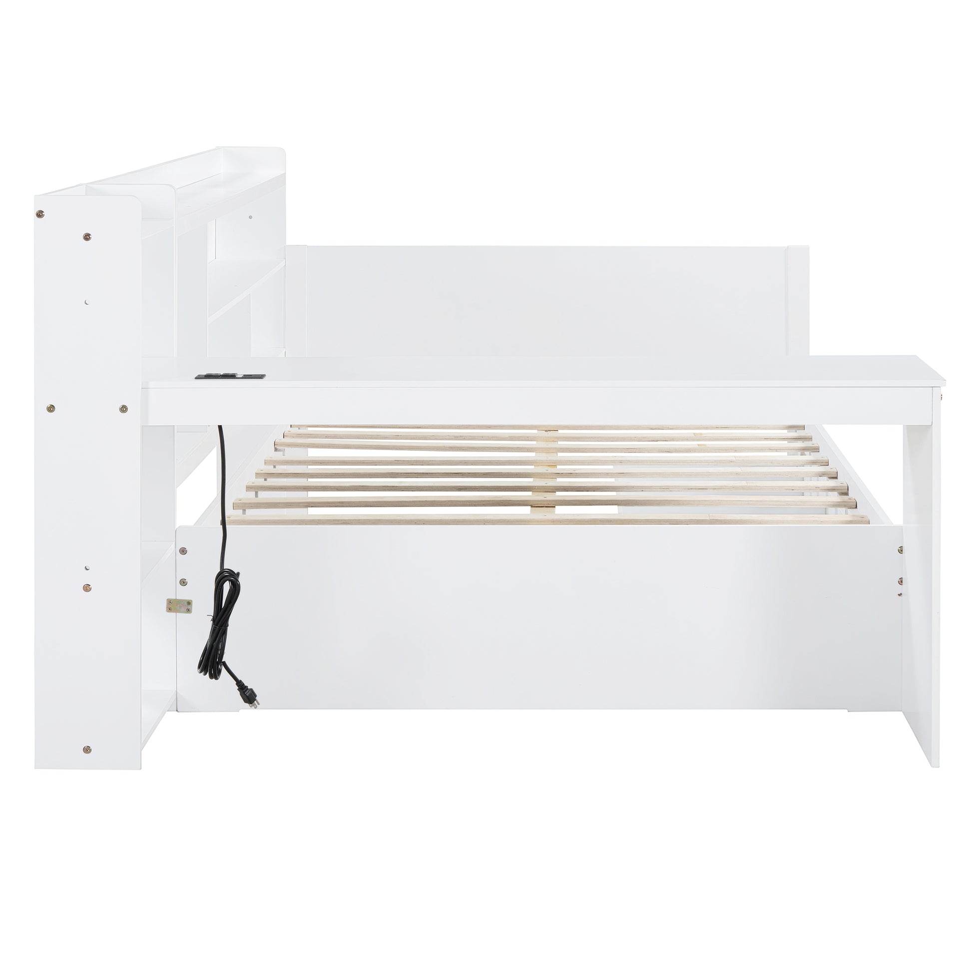 White twin storage bed with builtin shelves and a desk