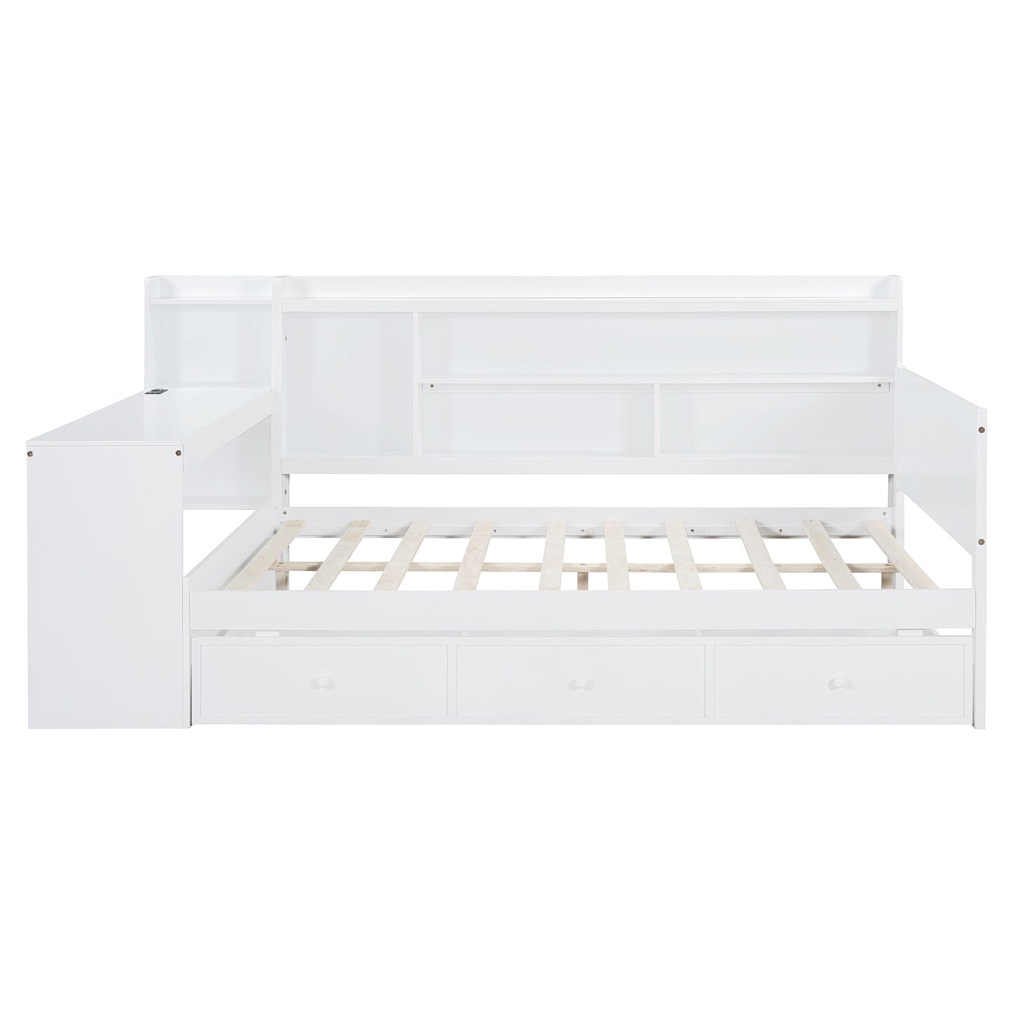 White twin daybed with storage drawers and integrated desk