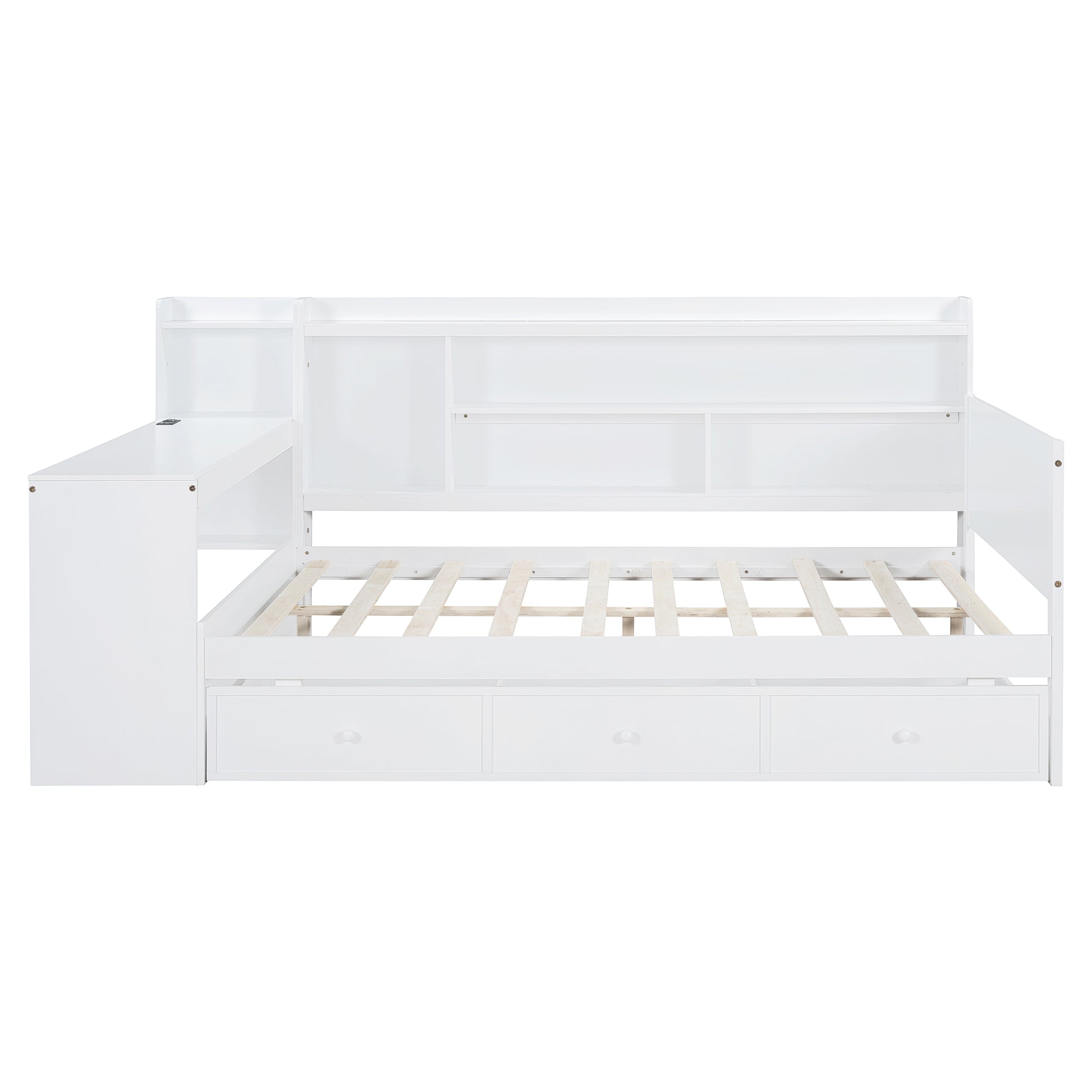 White twin daybed with storage drawers and integrated desk