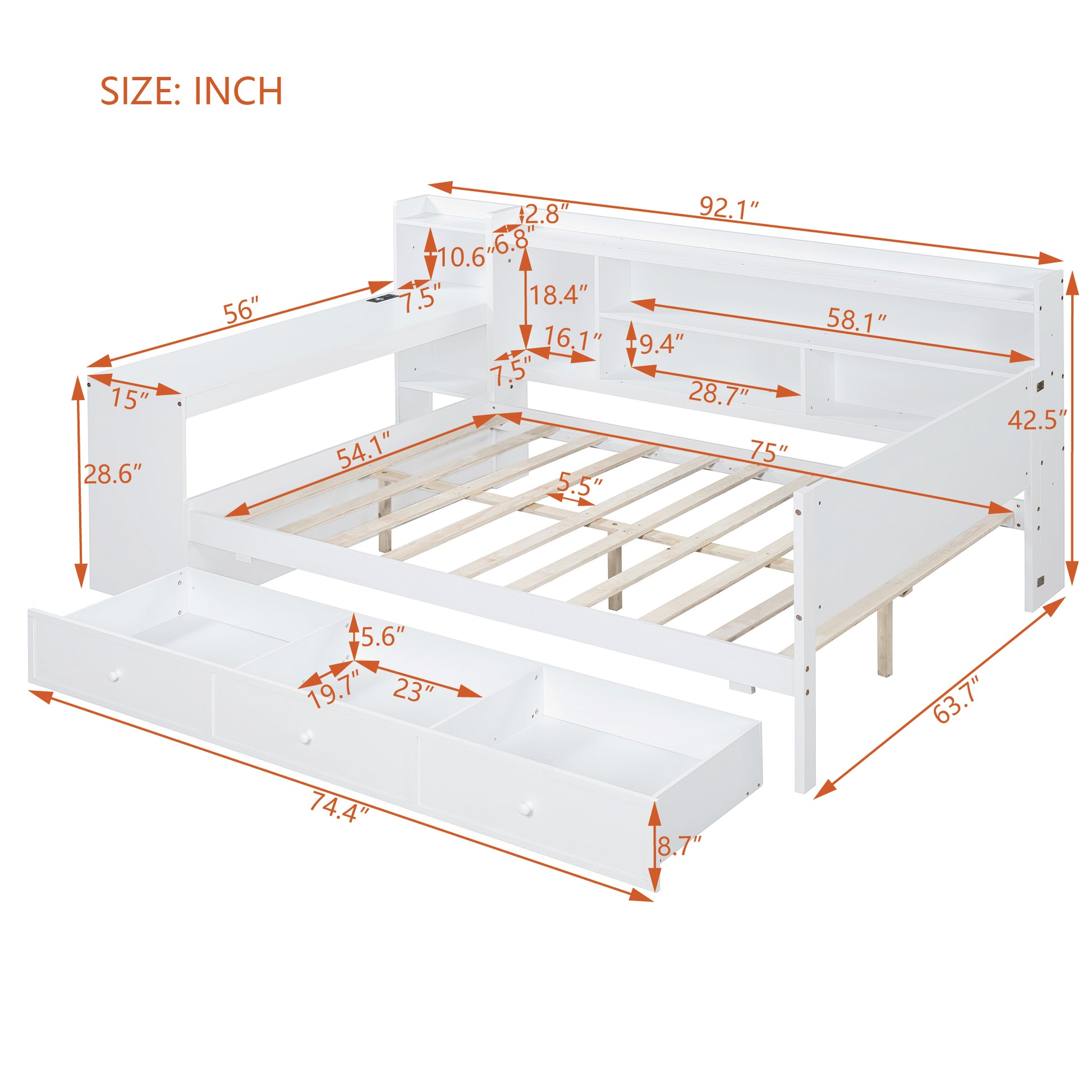 White wooden daybed with builtin storage drawers and shelves