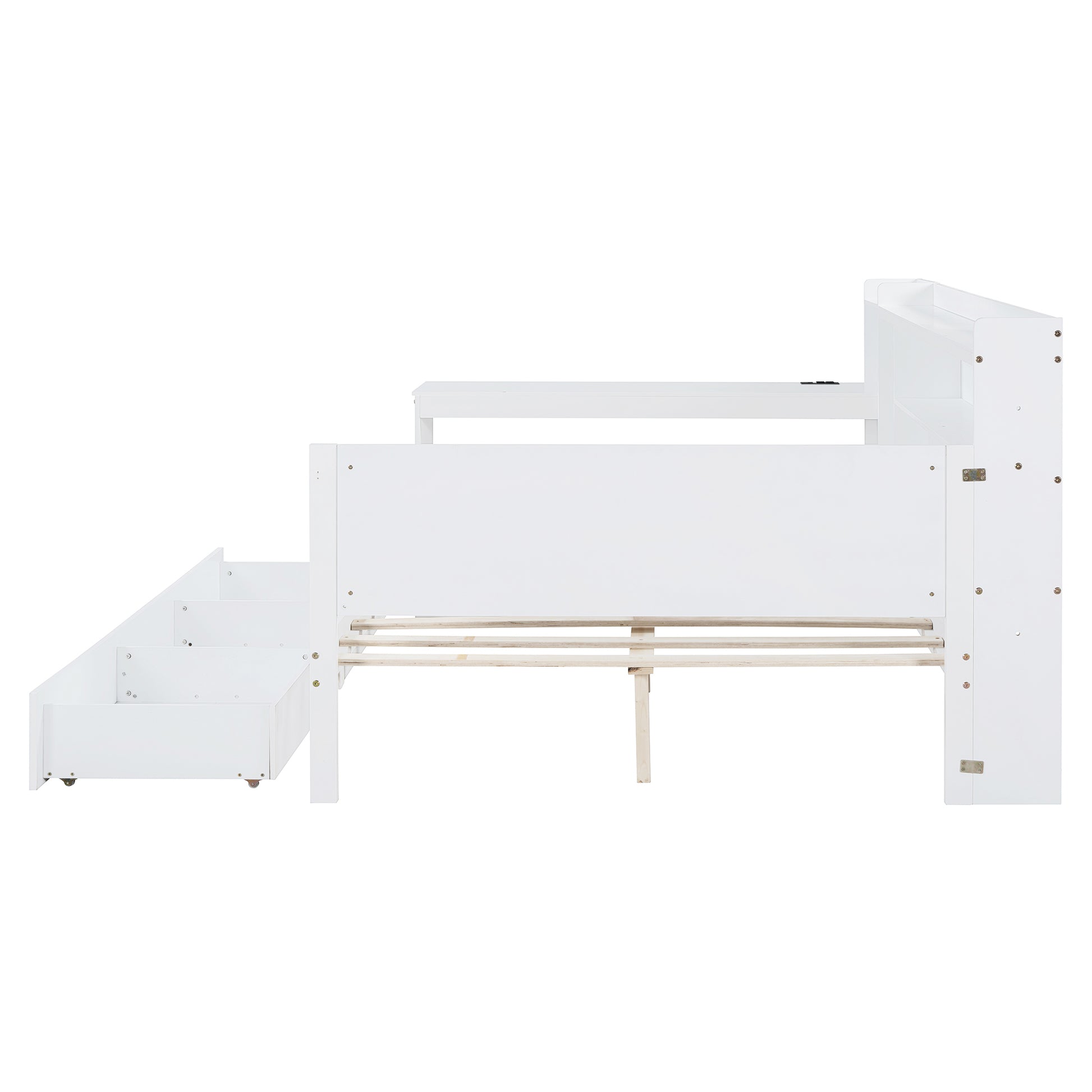 White wooden loft bed with integrated stairs and drawers for kids