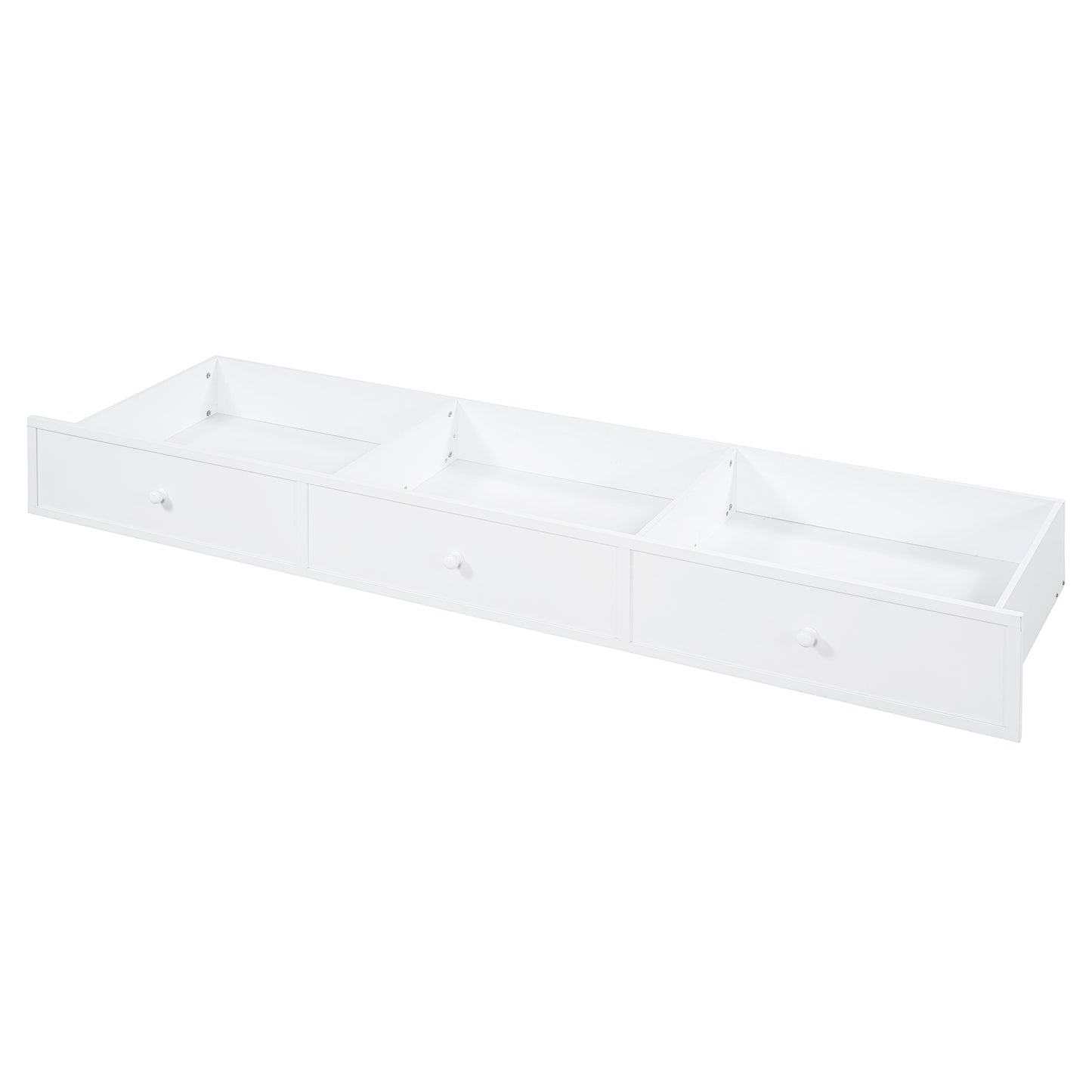 White wooden underbed storage drawer with three knobs