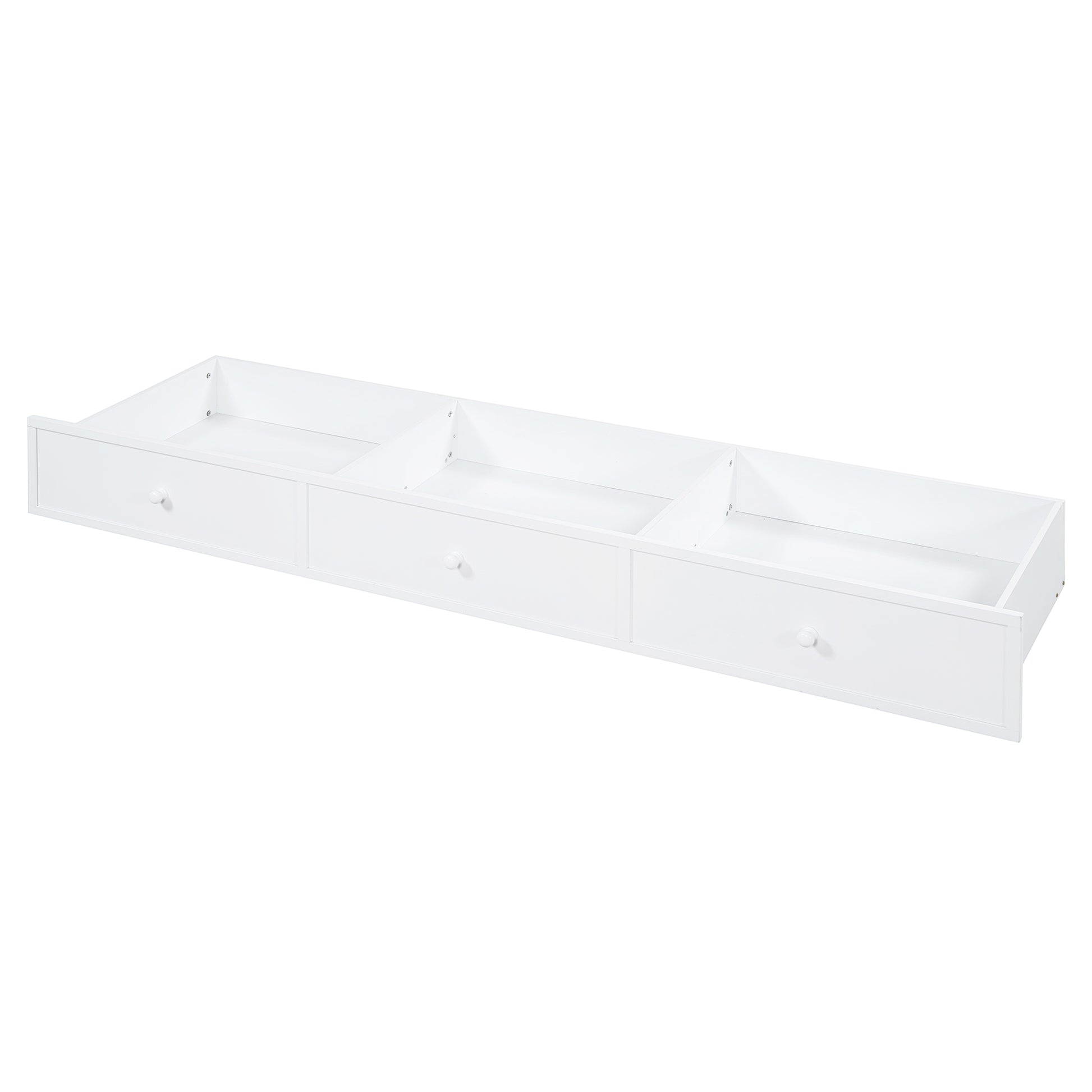White wooden underbed storage drawer with three knobs