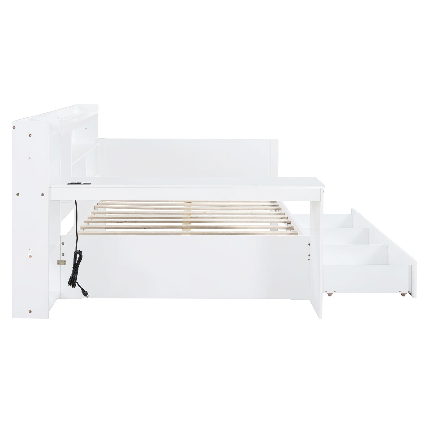 White daybed with builtin bookcase and storage drawers