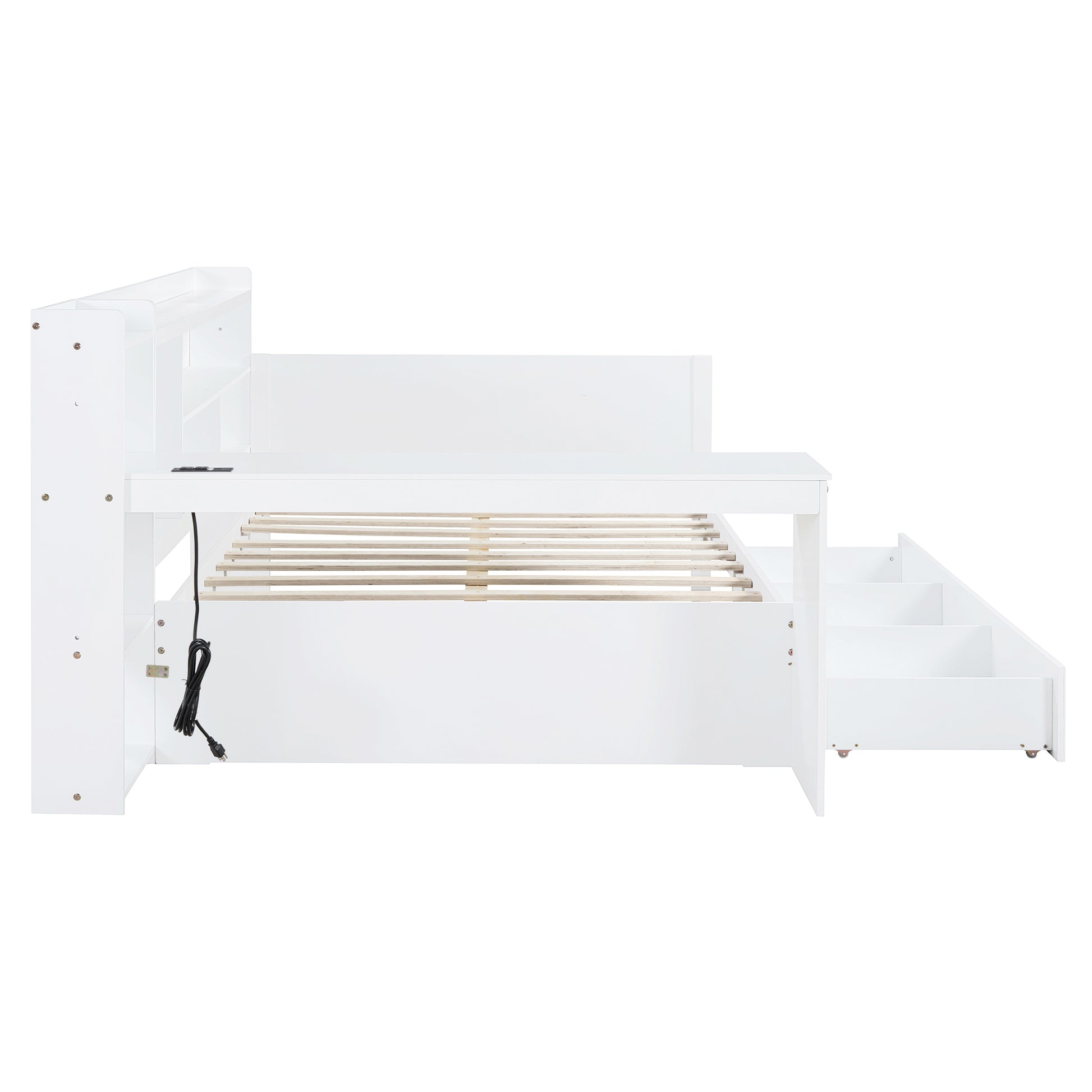 White daybed with builtin bookcase and storage drawers