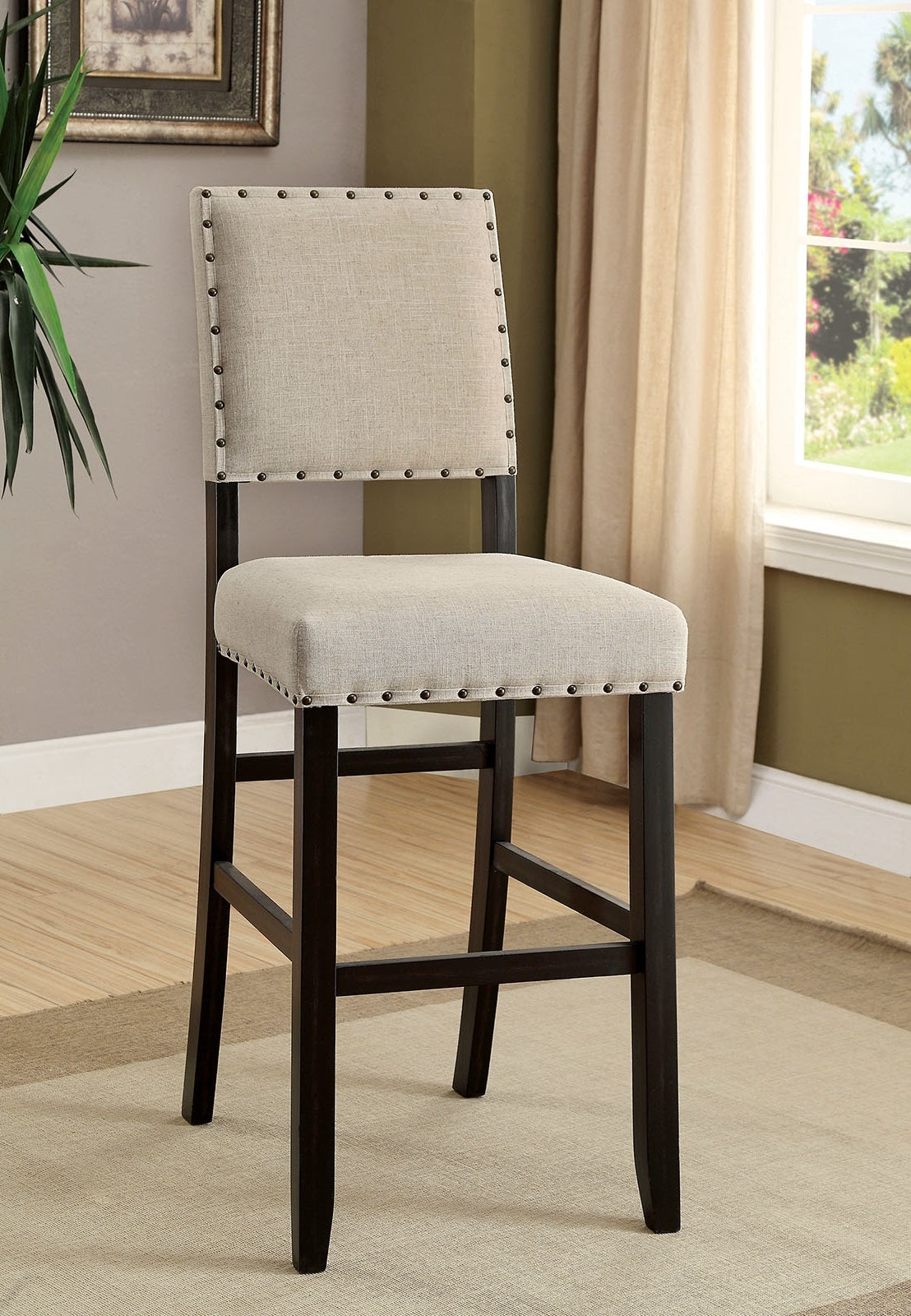 TREATLIFE HOME Rustic Style Counter Height Bar Chairs Set of 2, Ivory Linen-Like Upholstery with Antique Black Trim, for Dining Rooms