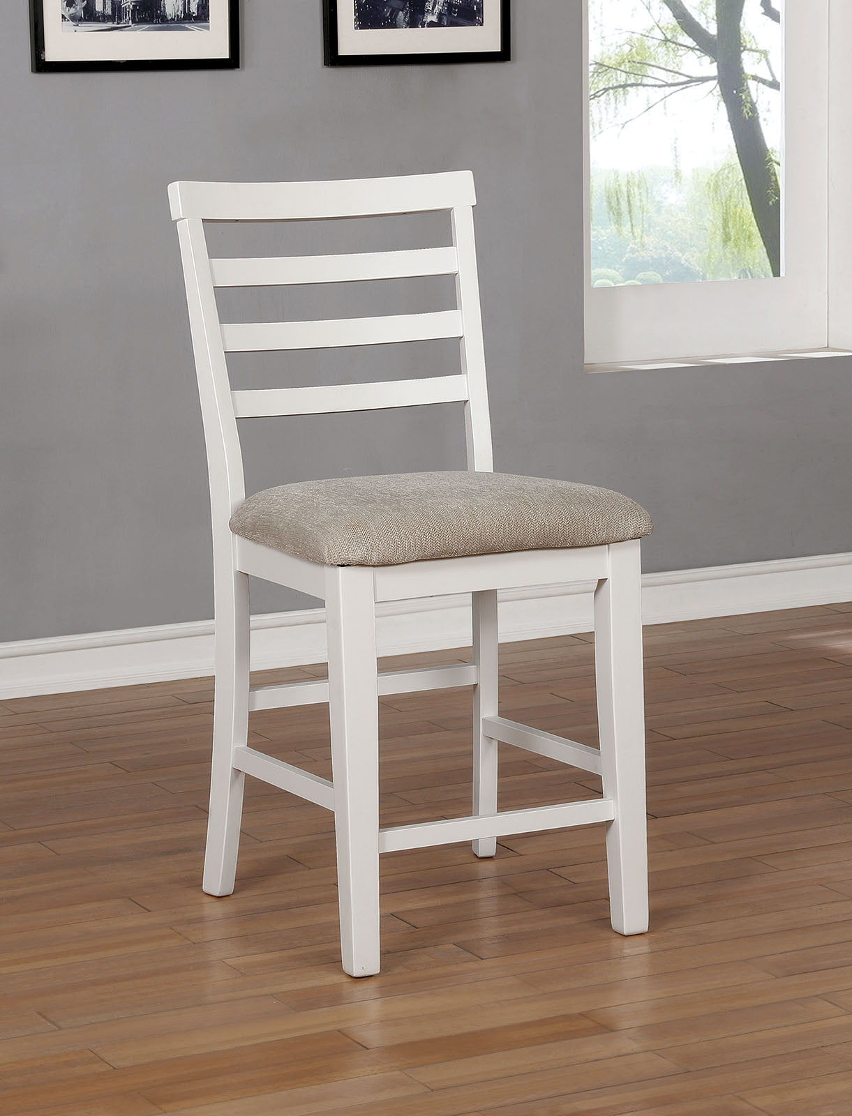 TREATLIFE HOME Set of 2 Counter Height Dining Chairs with Light Taupe Padded Seats and White Solid Wood Frame