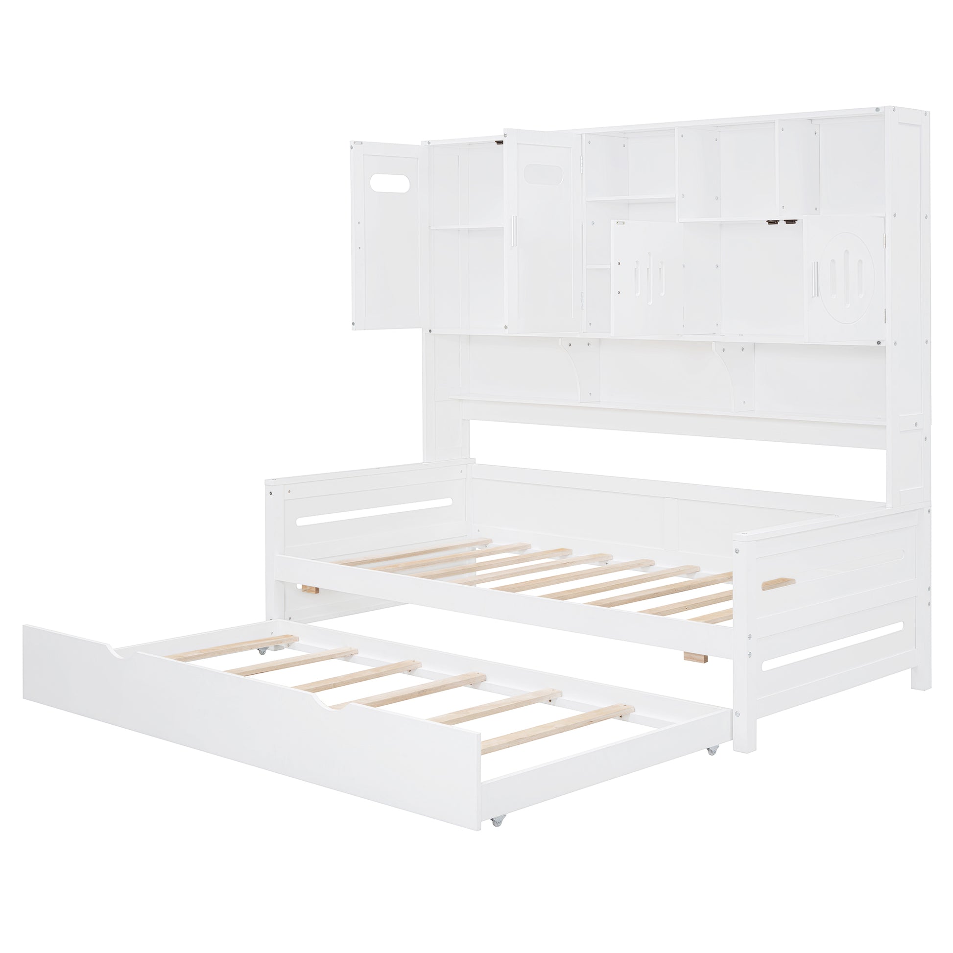 White wooden daybed with pullout trundle and overhead storage shelves