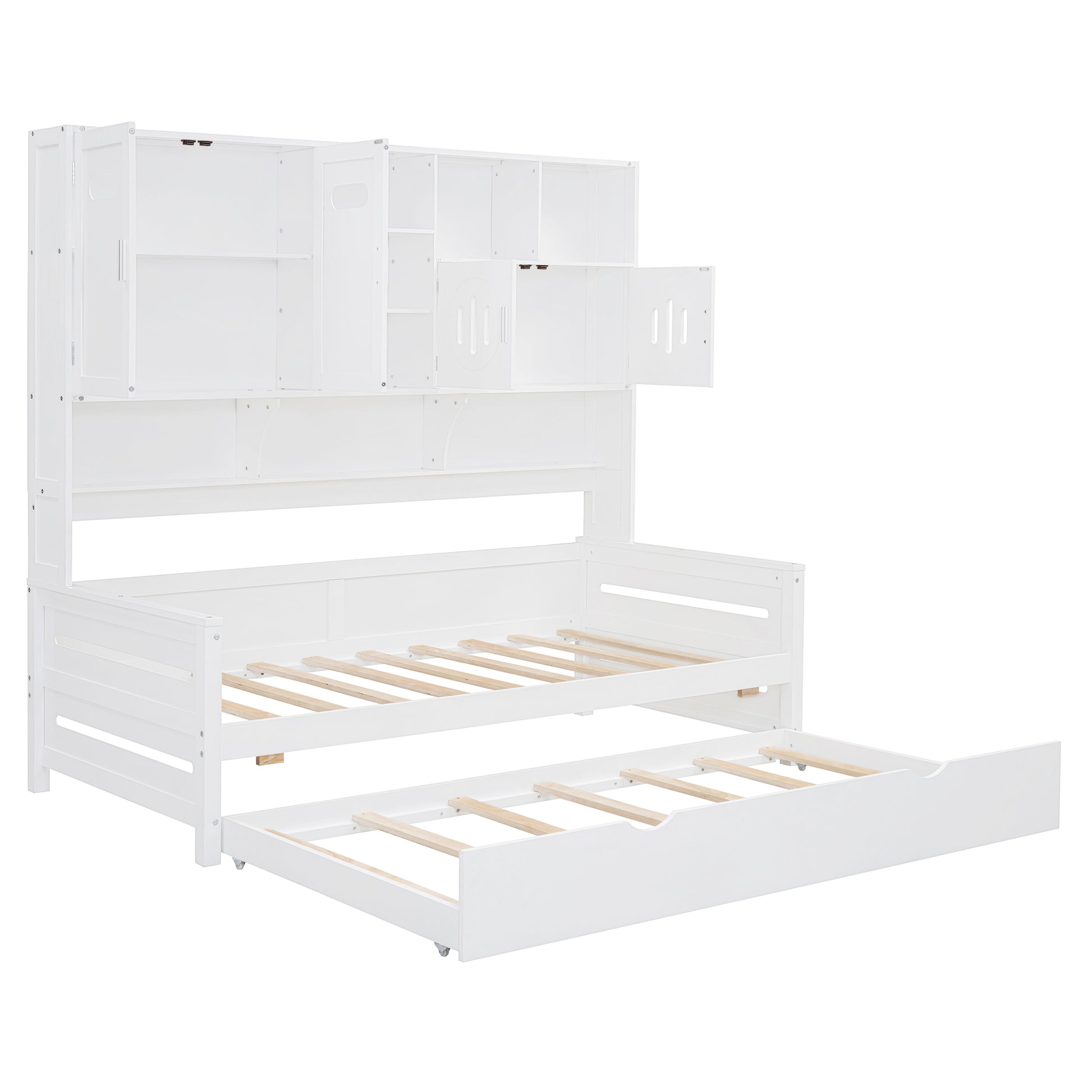 White wooden daybed with pullout trundle and integrated bookshelf unit