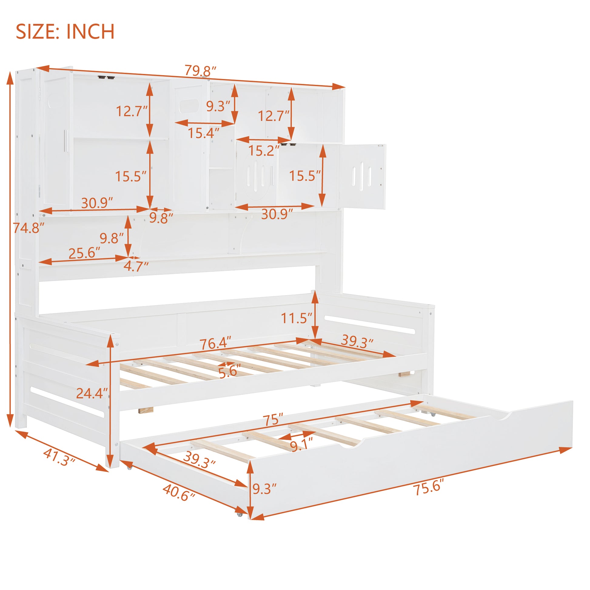 White wooden bunk bed with builtin storage and pullout trundle bed