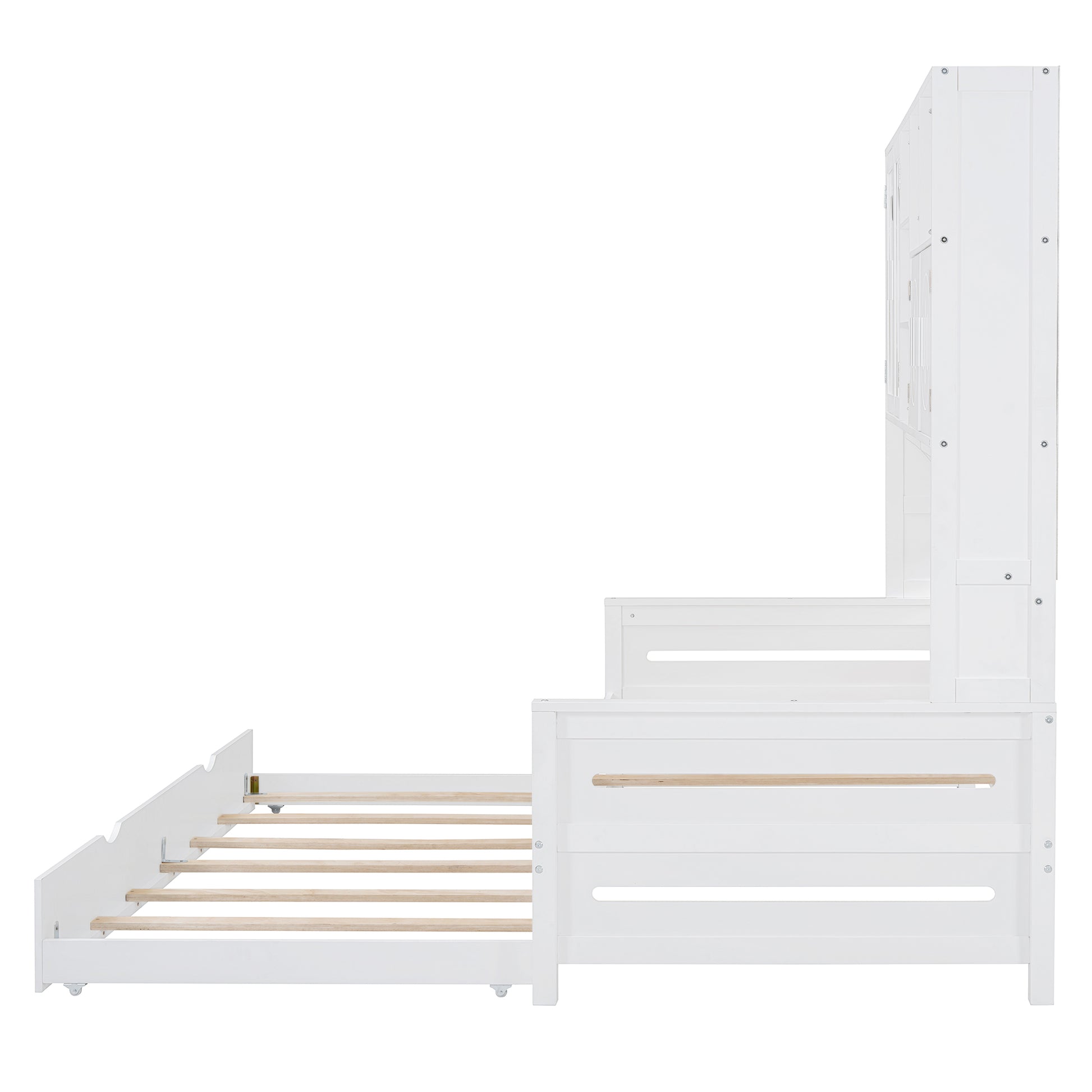 White wooden bunk bed frame with trundle extended and storage unit