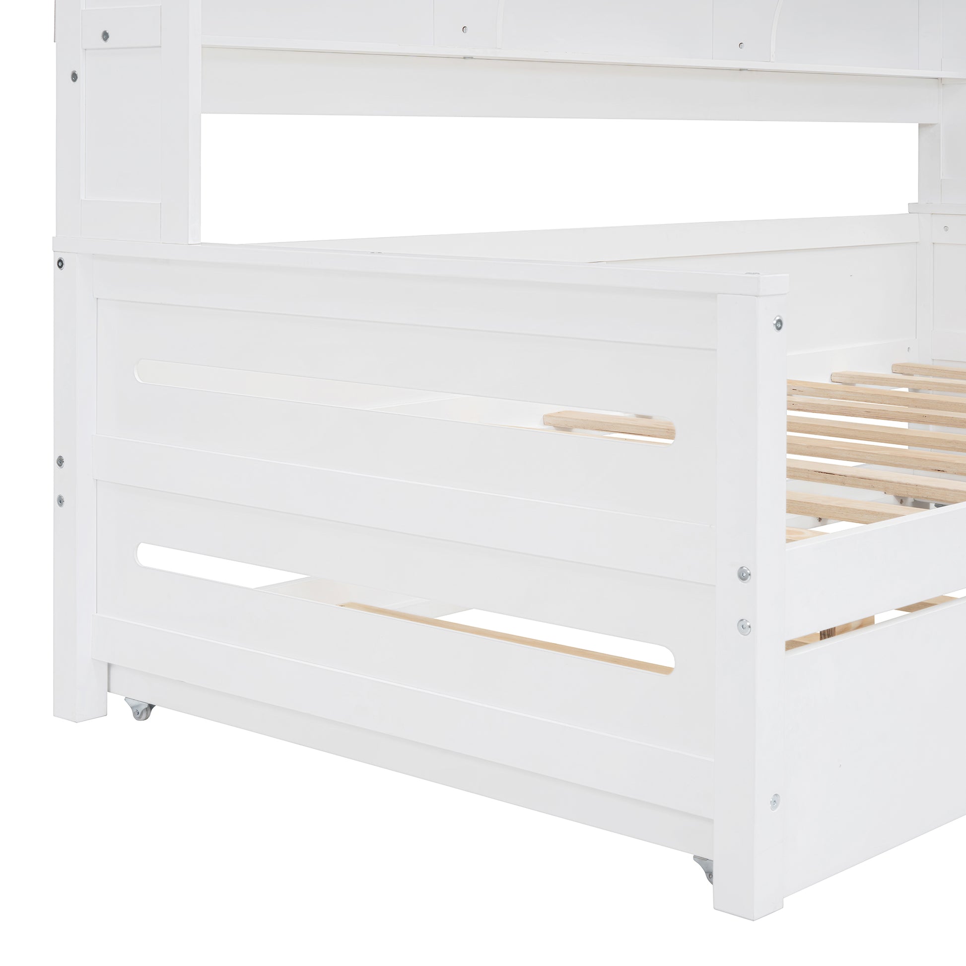 White wooden daybed frame with slatted base and caster wheels