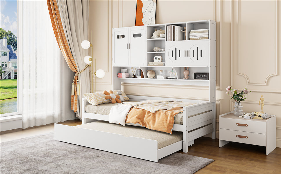 White twin daybed with trundle and integrated shelving unit