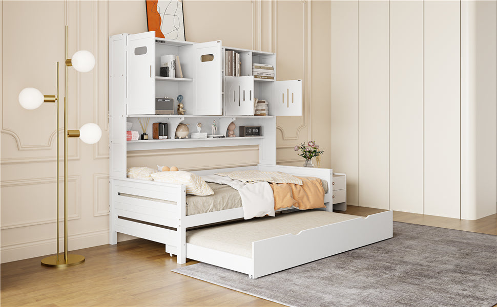 White wood bunk bed with pullout trundle and storage shelves