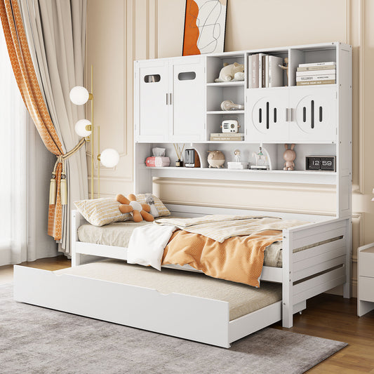 White twin captains bed with pullout trundle and integrated storage shelves ideal for kids rooms