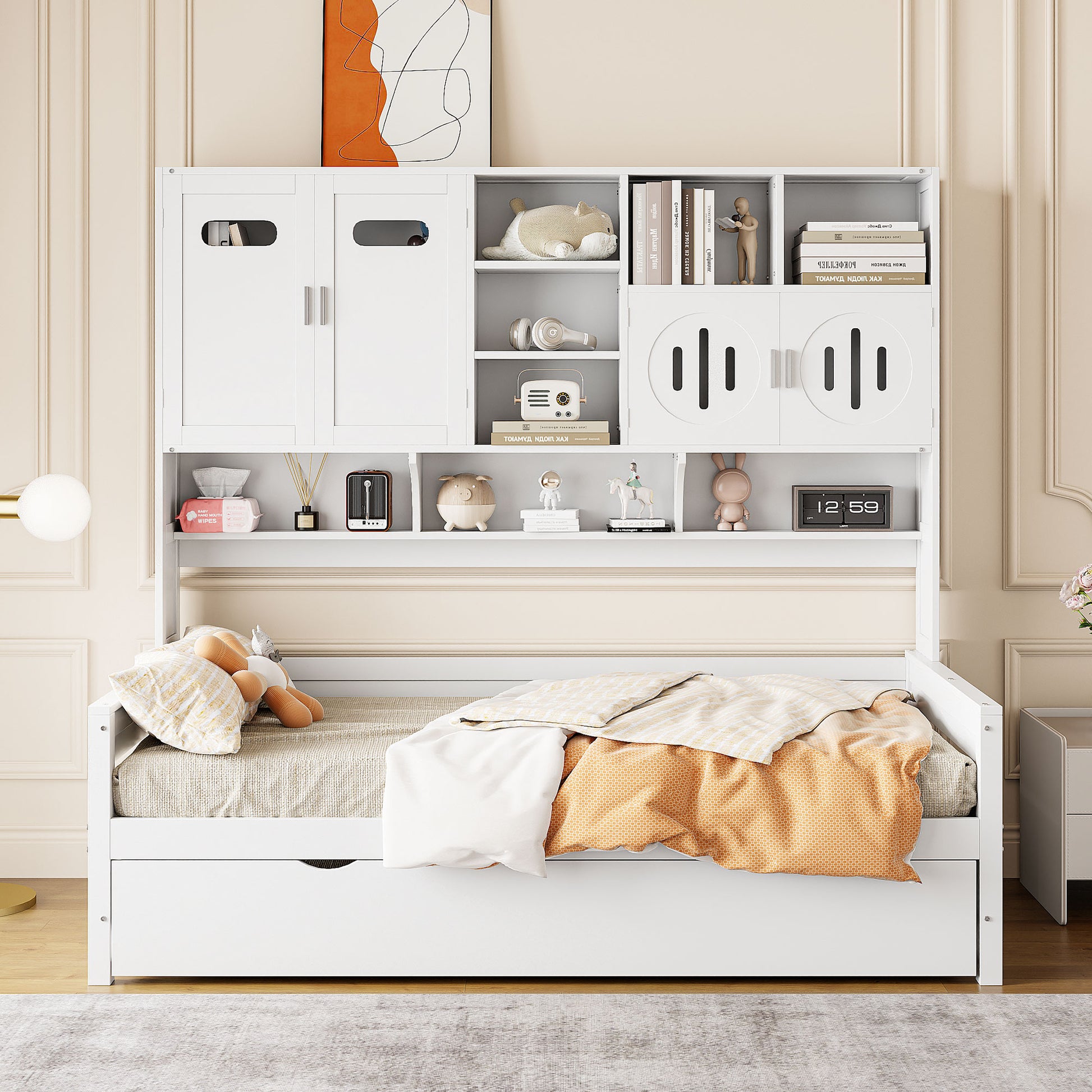White twin bed with storage drawers and a bookshelf headboard
