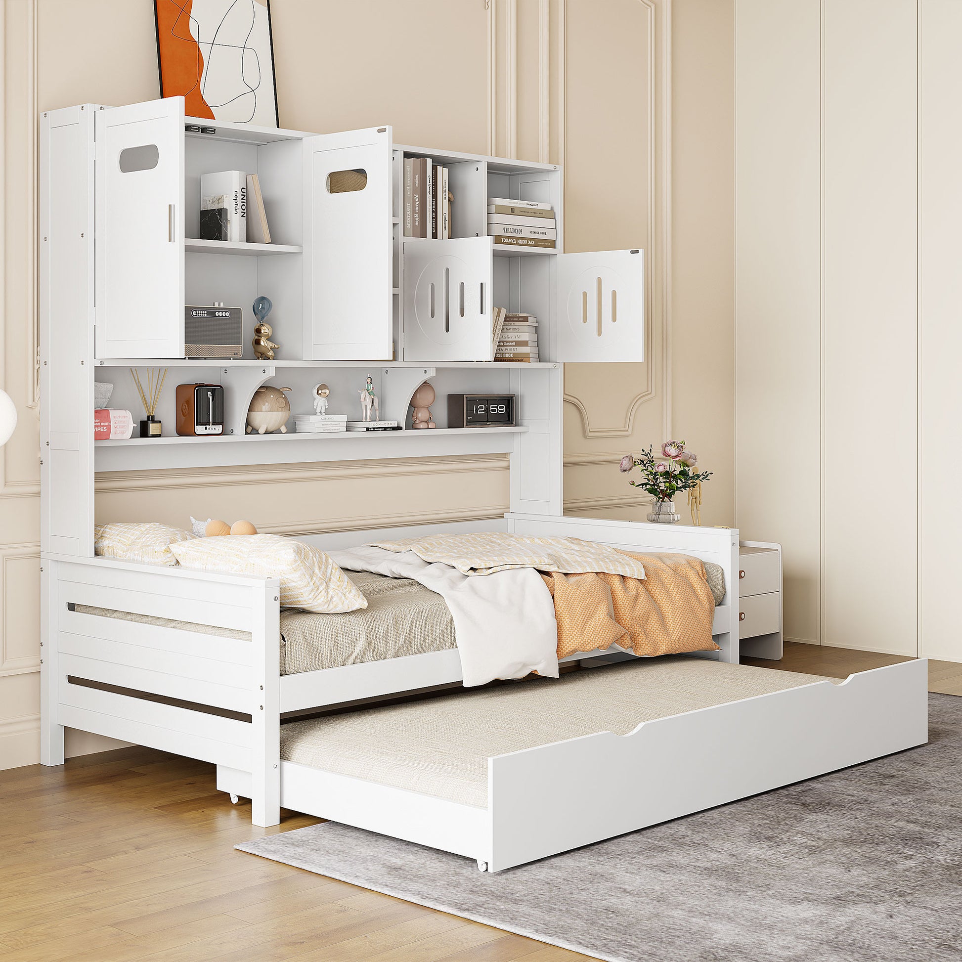 White wooden loft bed with trundle and builtin shelving unit