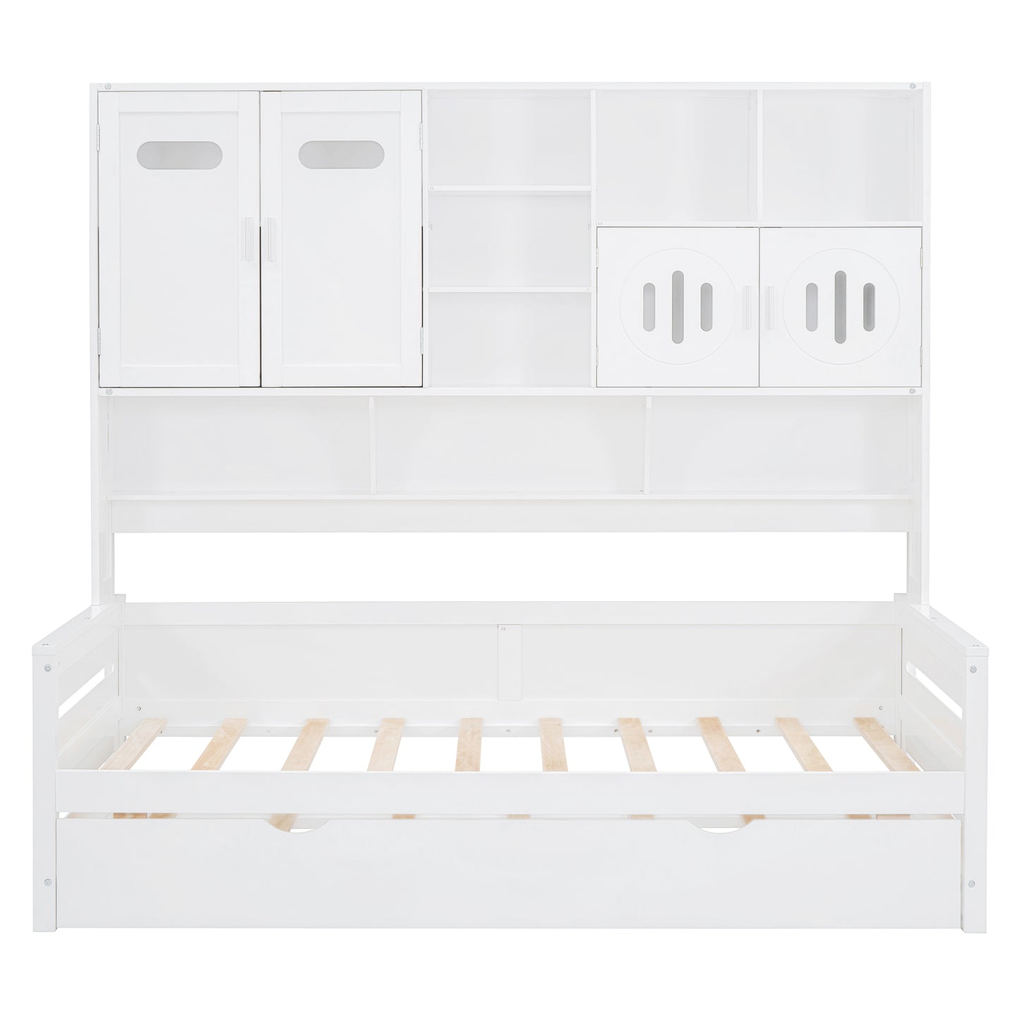 White wooden daybed with drawers and hutch