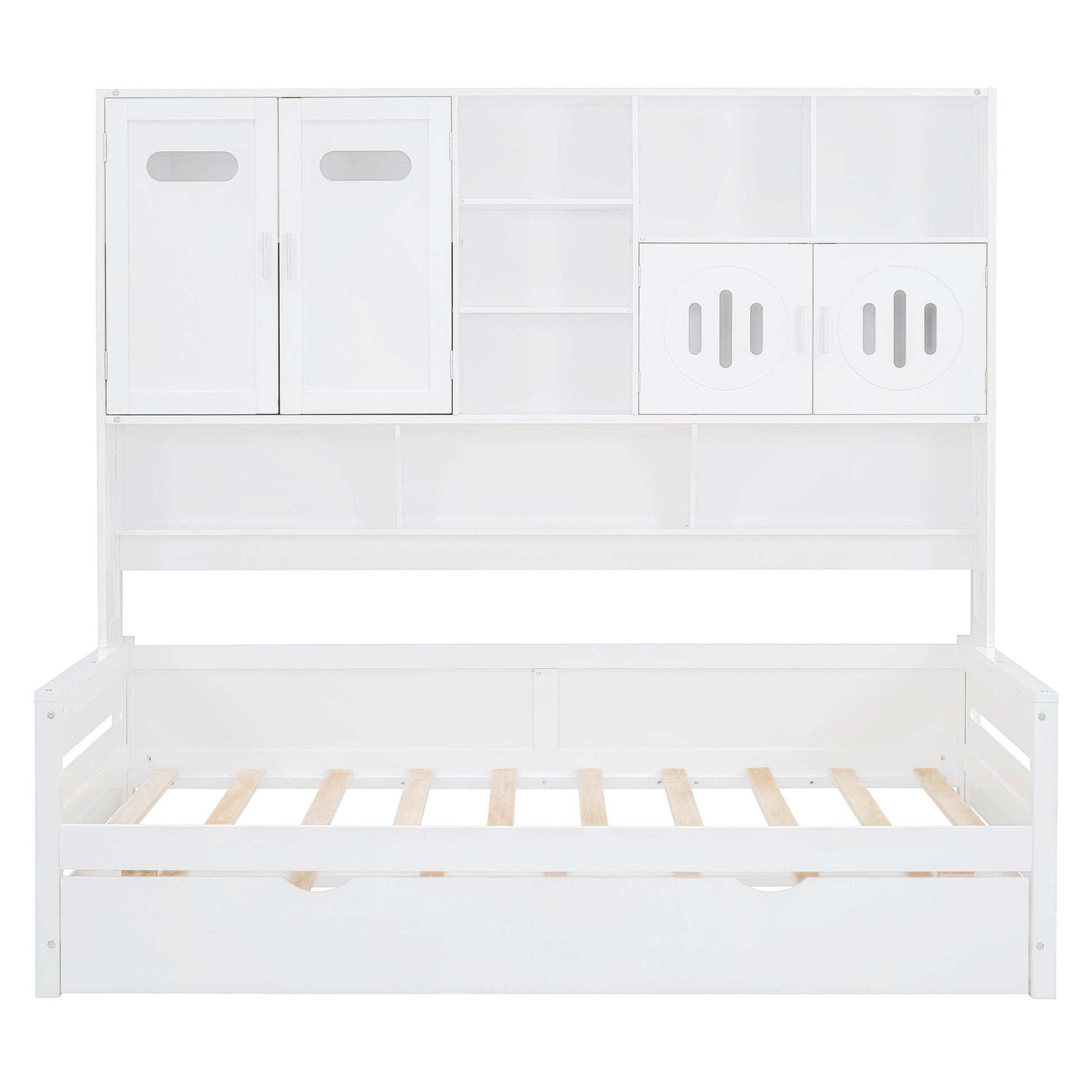 White wooden daybed with drawers and hutch