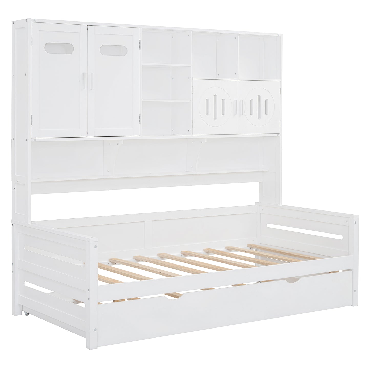 White wooden daybed with builtin hutch and storage drawers