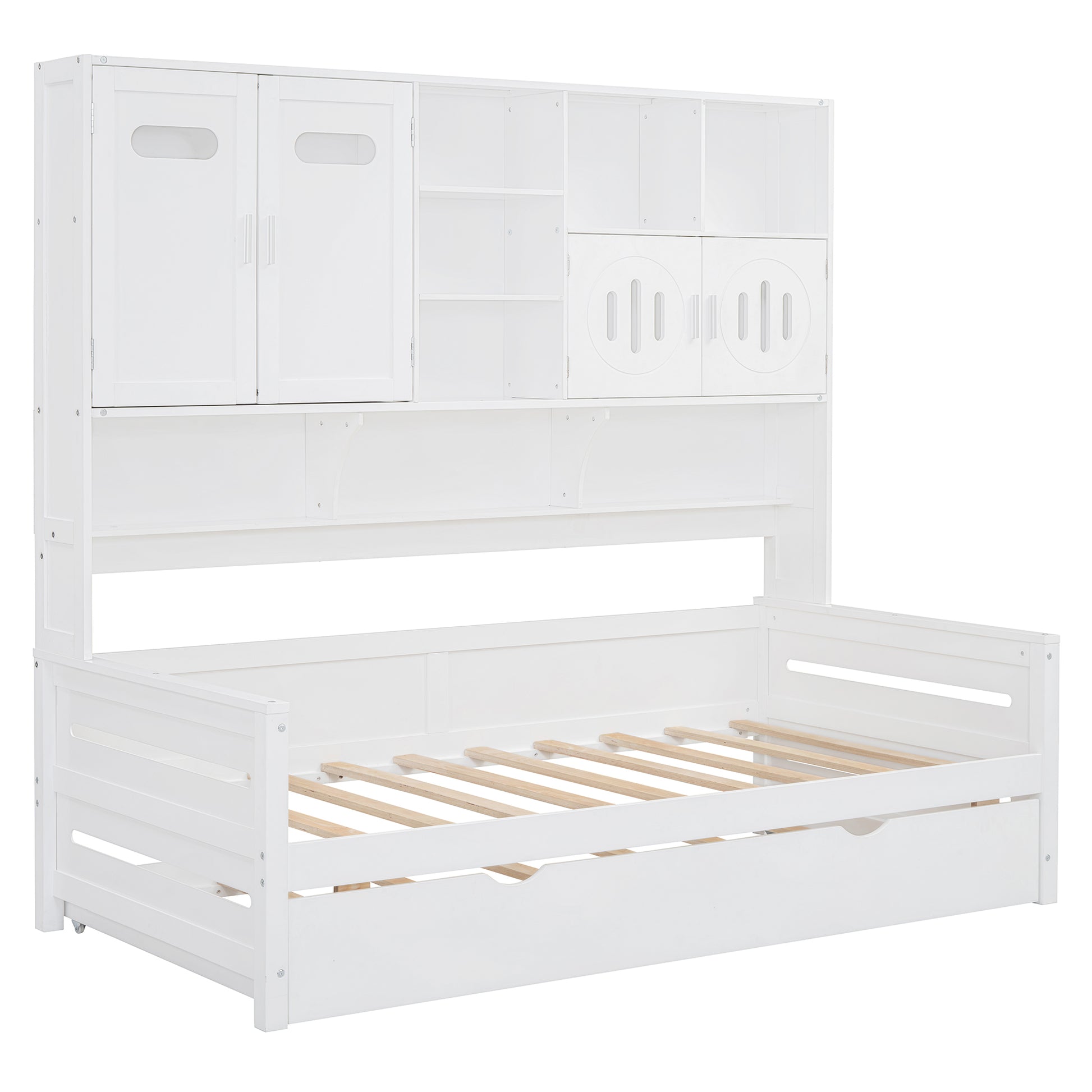 White wooden daybed with builtin hutch and storage drawers