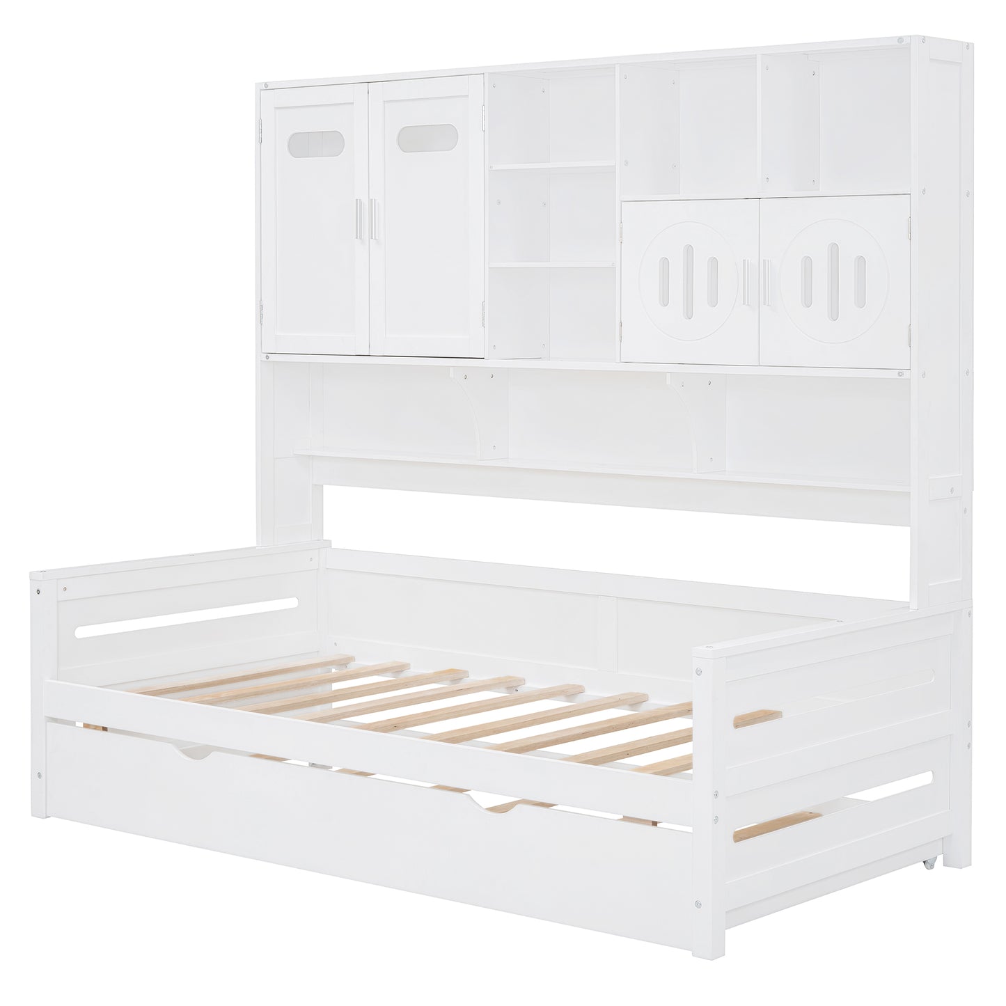 White wooden daybed with integrated shelving and cabinet storage