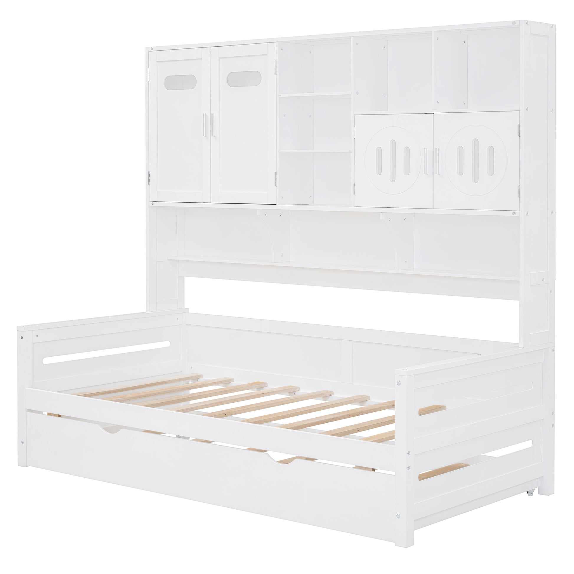 White wooden daybed with integrated shelving and cabinet storage