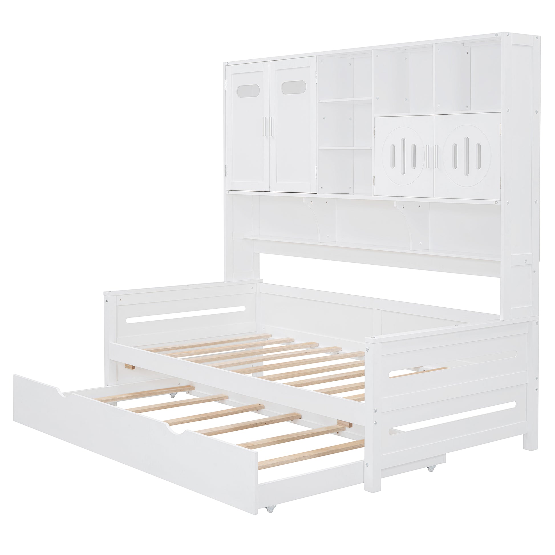 White wooden daybed with pullout trundle and hutch