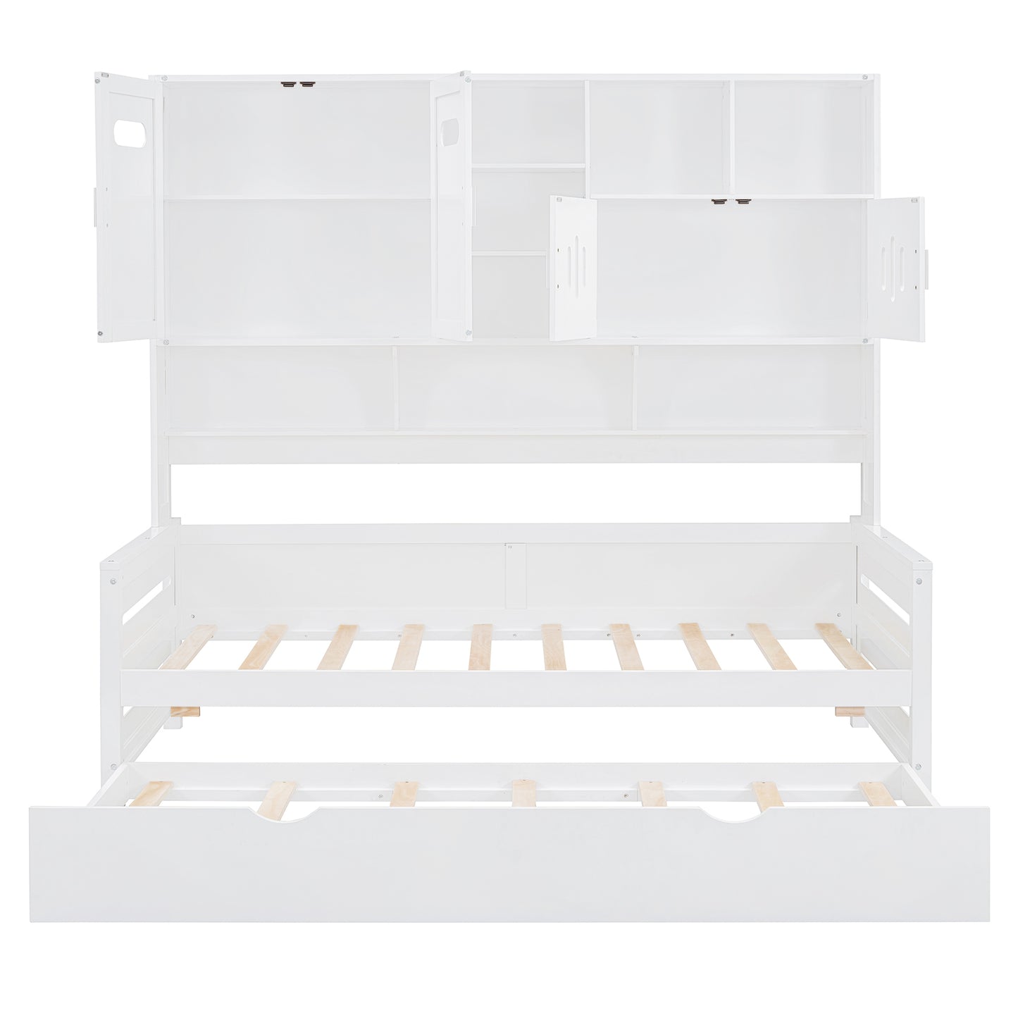 White wooden daybed with builtin storage shelves and a pullout trundle