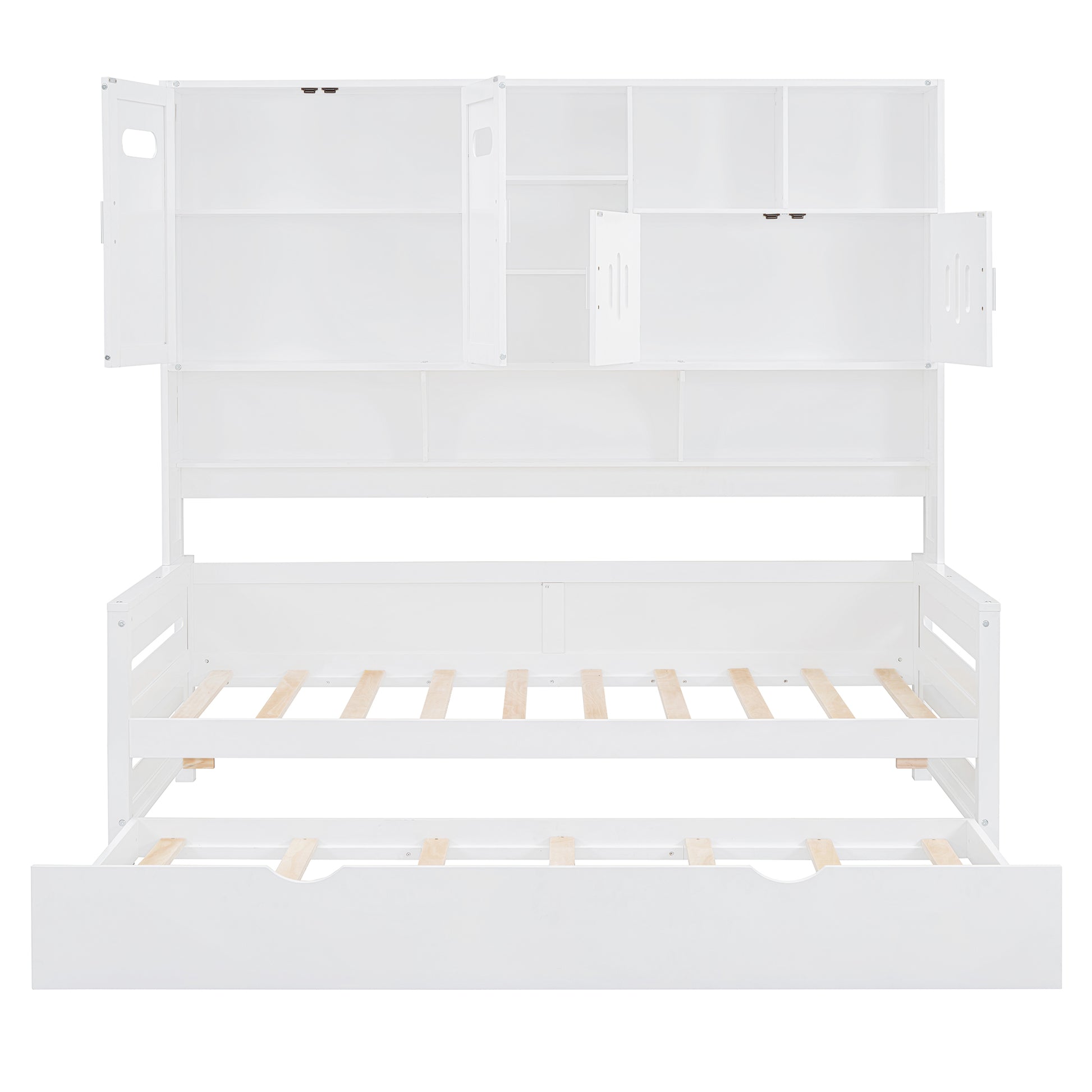 White wooden daybed with builtin storage shelves and a pullout trundle