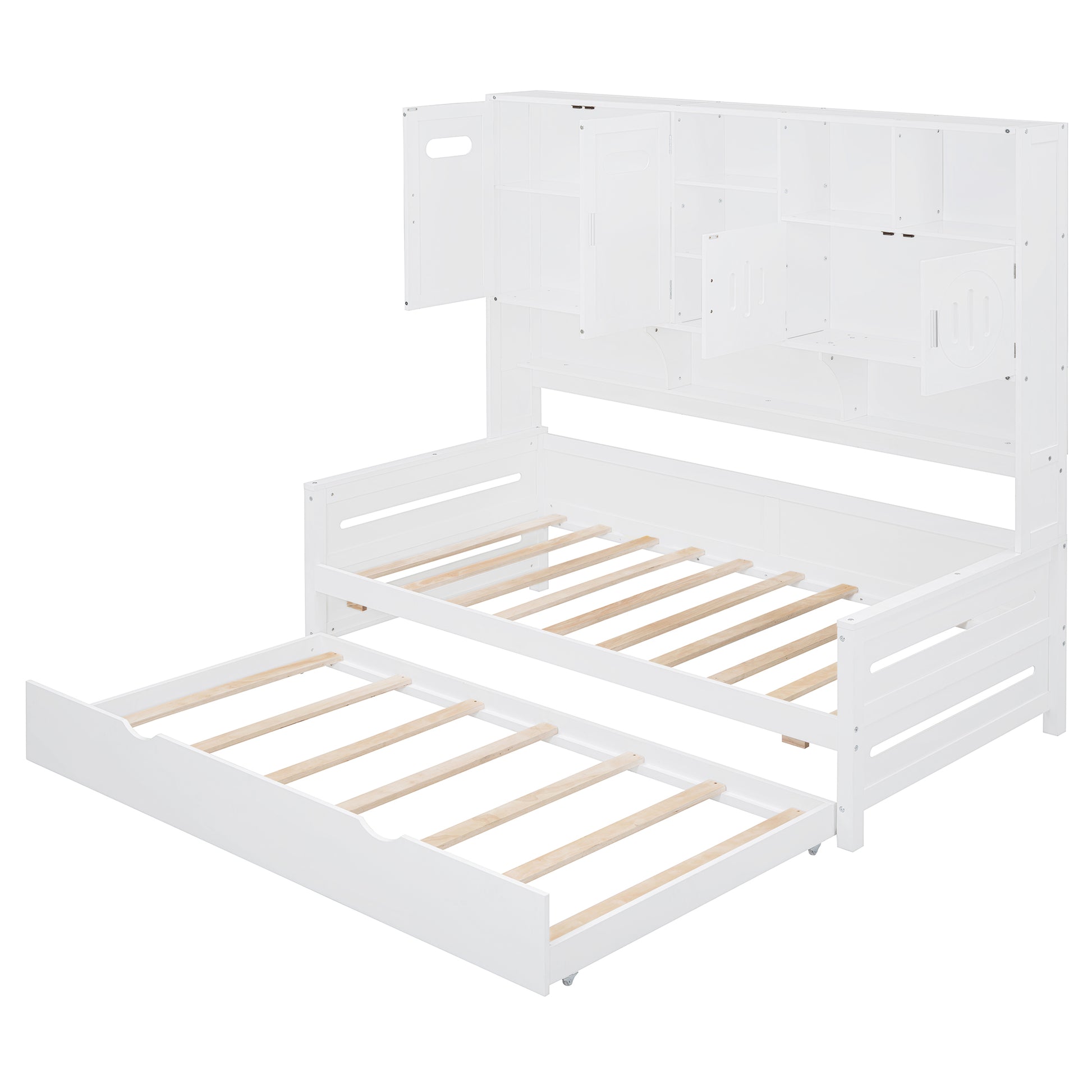 White wood daybed with pullout trundle and builtin shelves