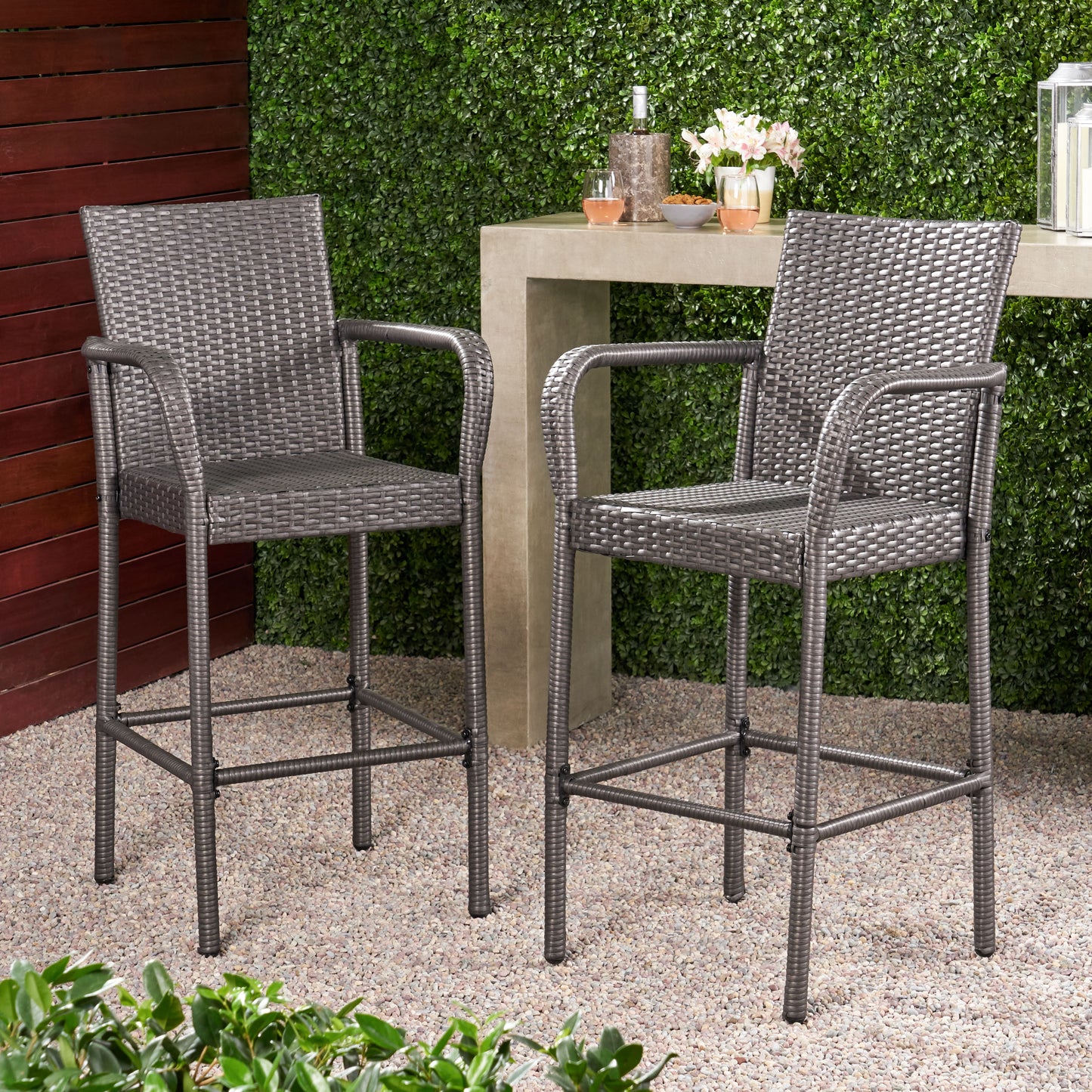 TREATLIFE HOME Set of 2 Outdoor Barstools with Wicker Finish, Modern Design for Entertaining and Dining, Grey