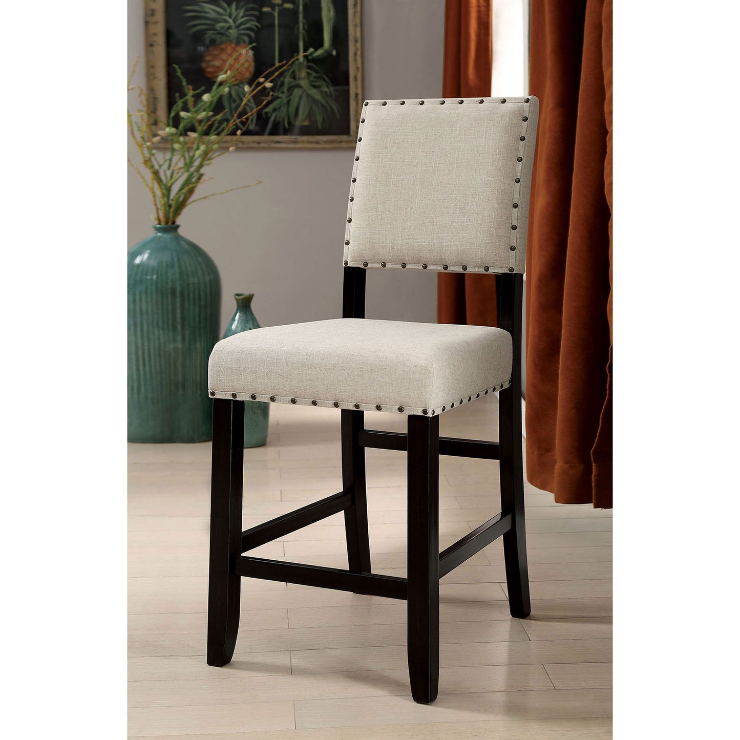 TREATLIFE HOME Rustic Counter Height Chairs Set of 2 with Nailhead Trim, Linen-Like Fabric Upholstery, Antique Black and Beige Finish