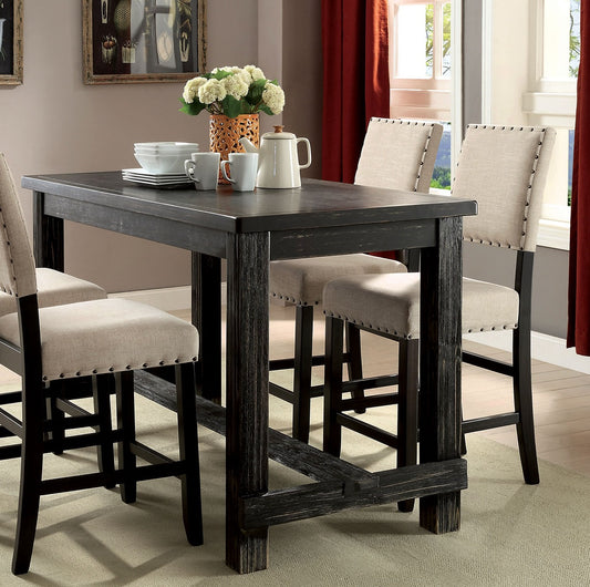 Dark wood counter height table with four upholstered stools natural linen fabric