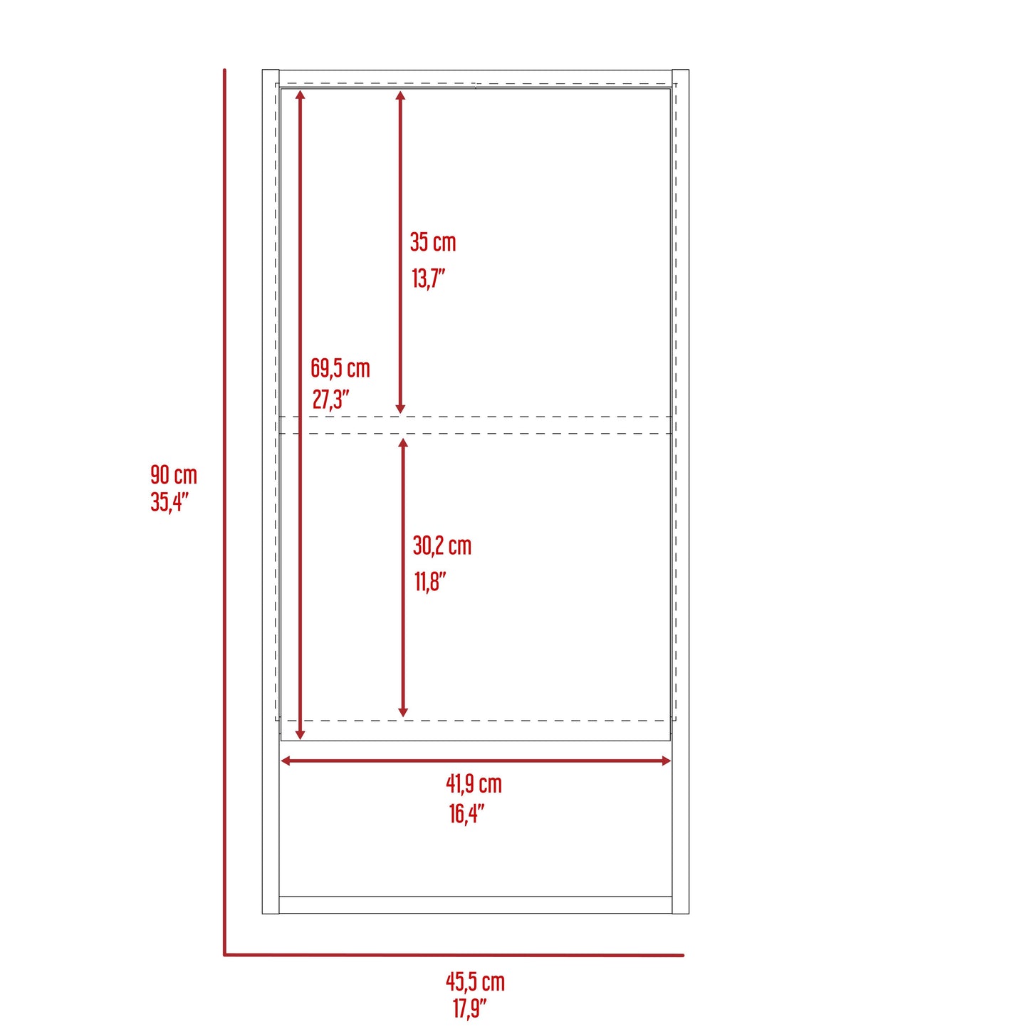 Diagram showing cm height and cm width of a furniture unit