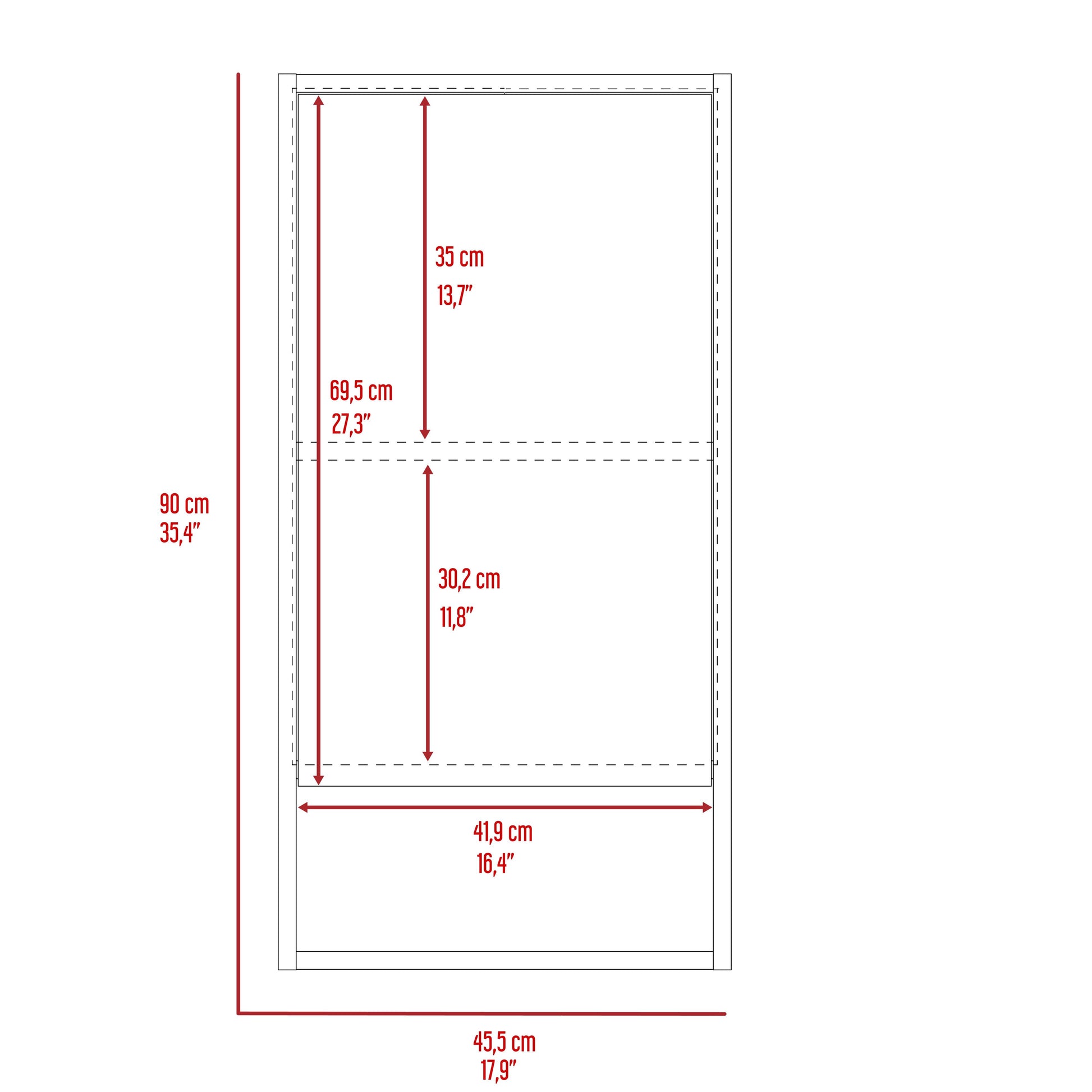 Diagram showing cm height and cm width of a furniture unit